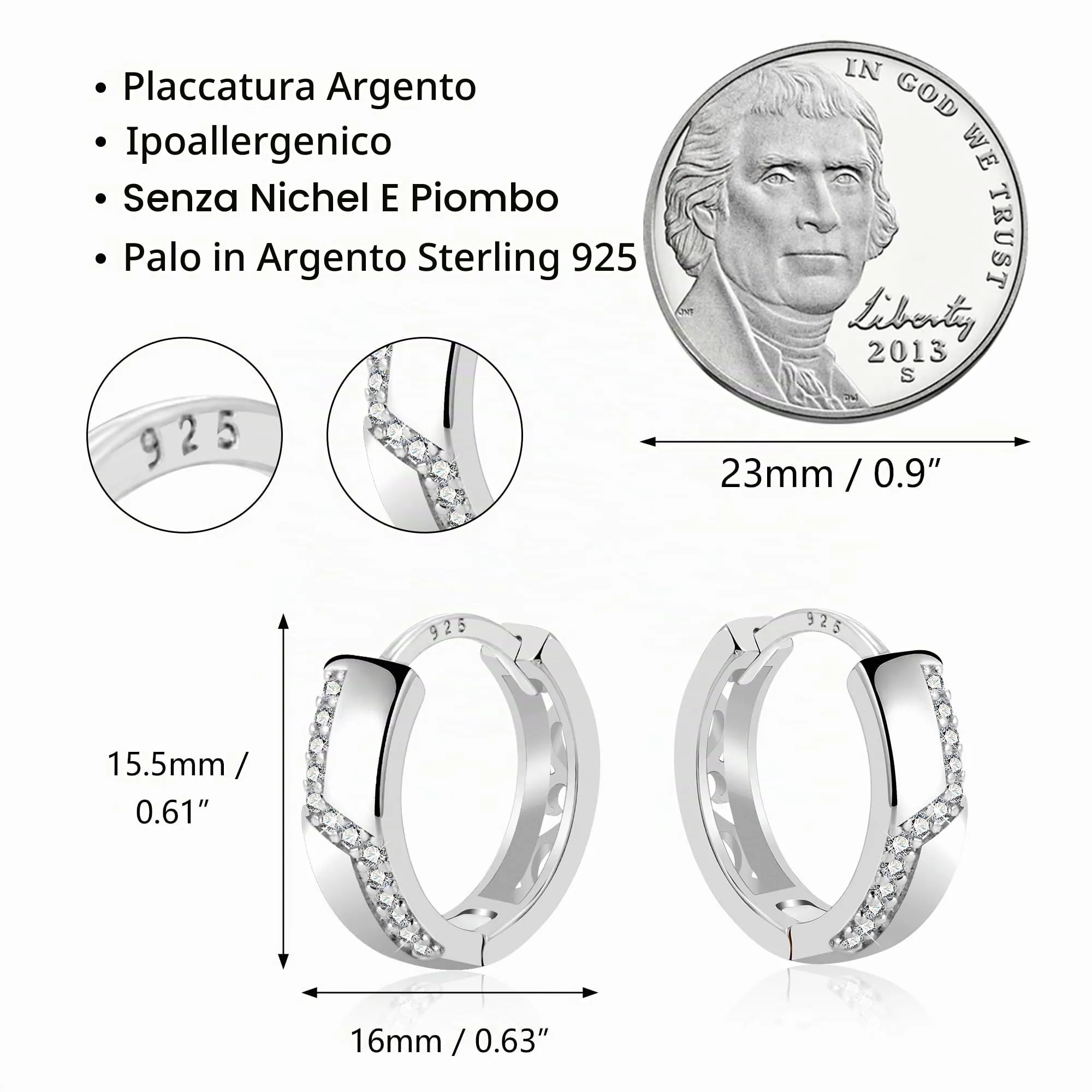 ALEXCRAFT Orecchini Cerchio Donna Argento Spessi Zirconi Brillantini Huggie - immagine 2