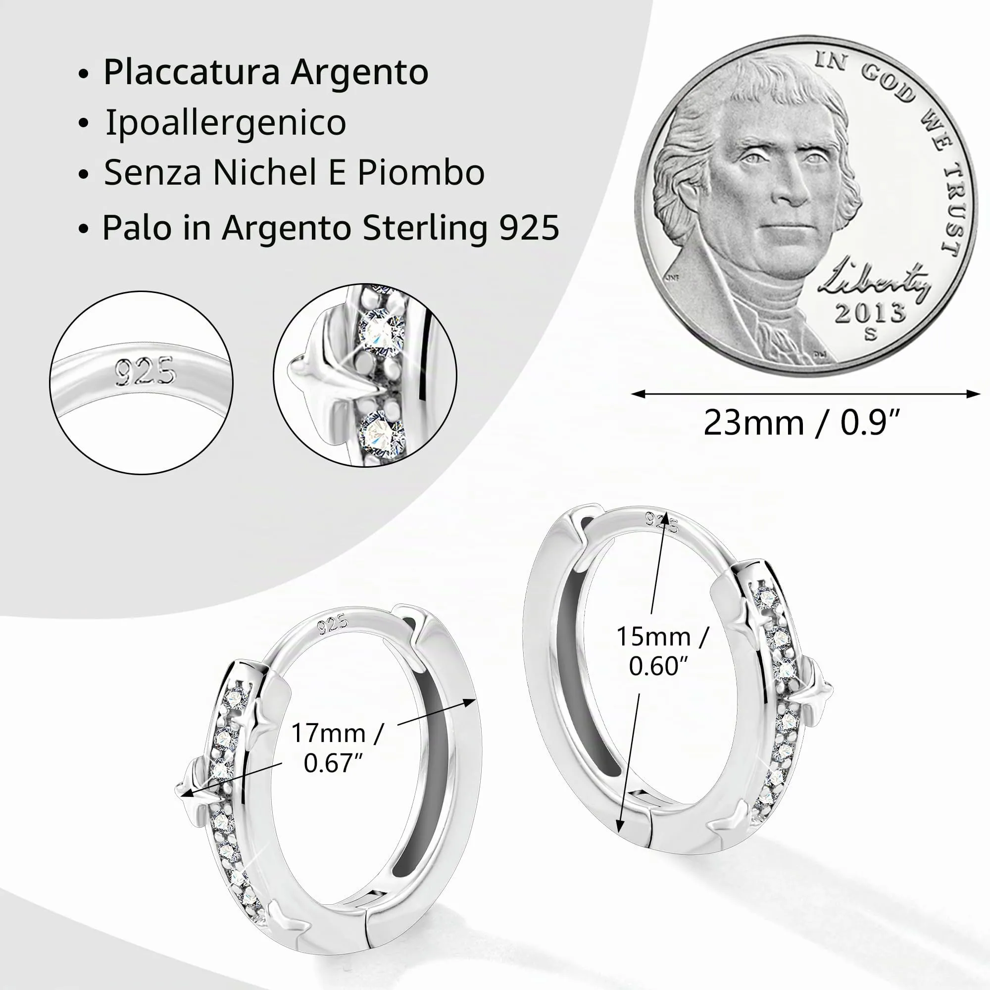 ALEXCRAFT Orecchini Cerchio Donna Argento Stella Zirconi Huggie - immagine 5