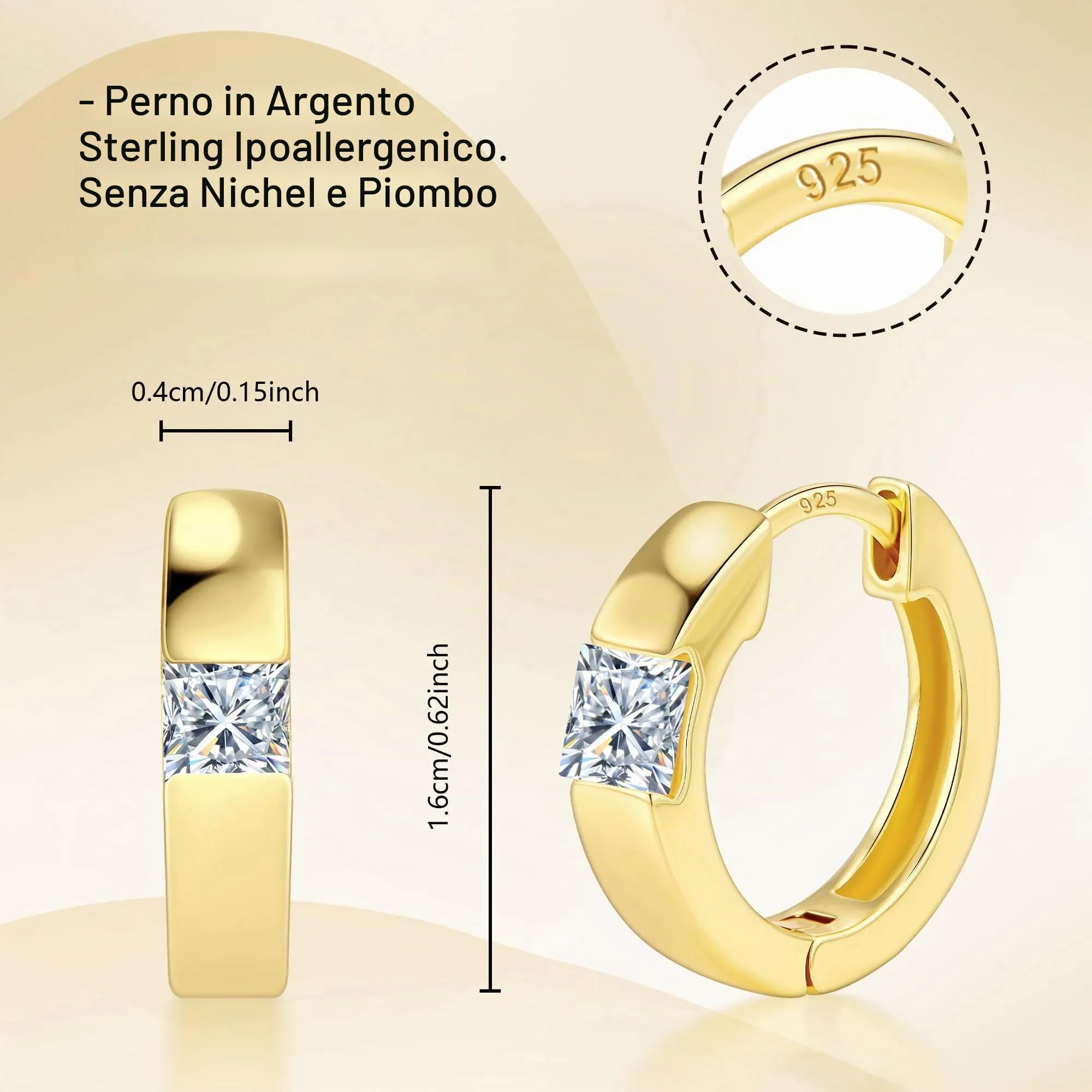 ALEXCRAFT Orecchini Cerchio Donna Oro 14K Zirconi Quadrati Huggie Spessi - immagine 4