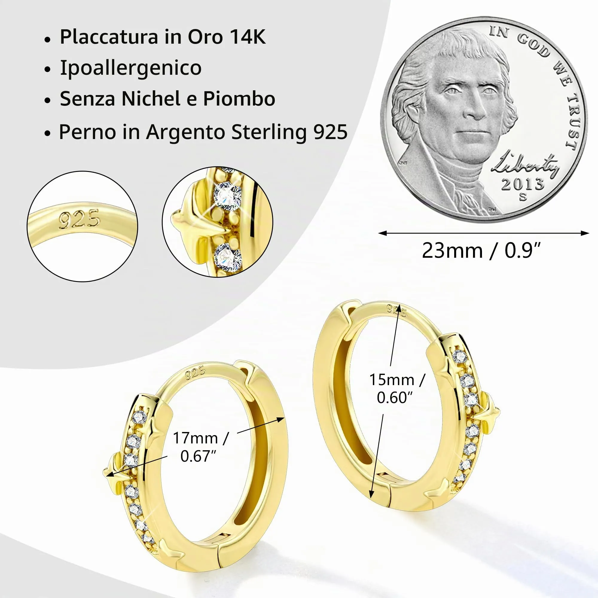 ALEXCRAFT Orecchini Cerchio Donna Oro 14K Stella Zirconi Huggie - immagine 5