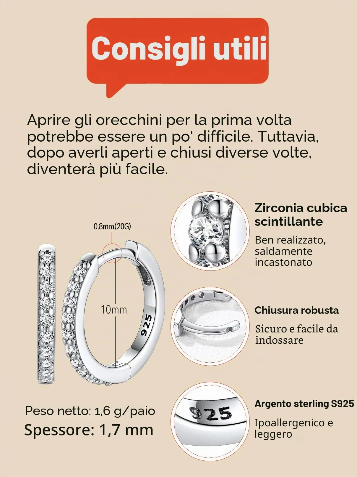 FaithHeart Strass Orecchini Argento S925 10mm Orecchini a Cerchio Oro con Strass Zirconi Orecchini Minimalisti - immagine 8