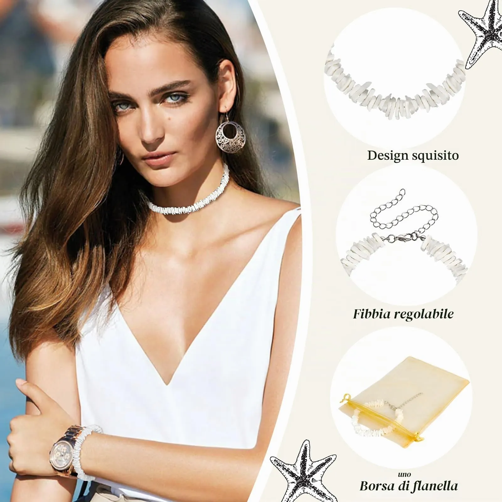 DPKOW Collana e Bracciale in Conchiglia Bianca per Donne e Ragazze, Gioielli Bohémien Hawaiano per la Spiaggia e Viaggi, Set di Gioielli Boho-chic - immagine 3