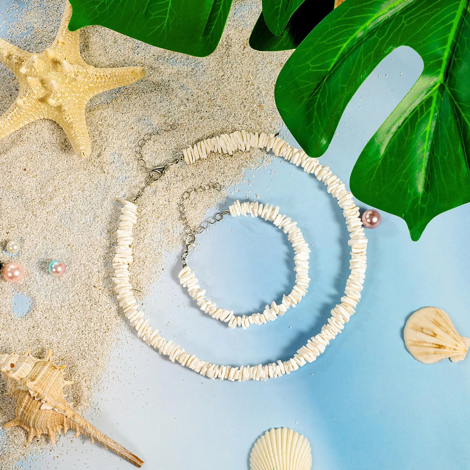 DPKOW Collana e Bracciale in Conchiglia Bianca per Donne e Ragazze, Gioielli Bohémien Hawaiano per la Spiaggia e Viaggi, Set di Gioielli Boho-chic - immagine 4