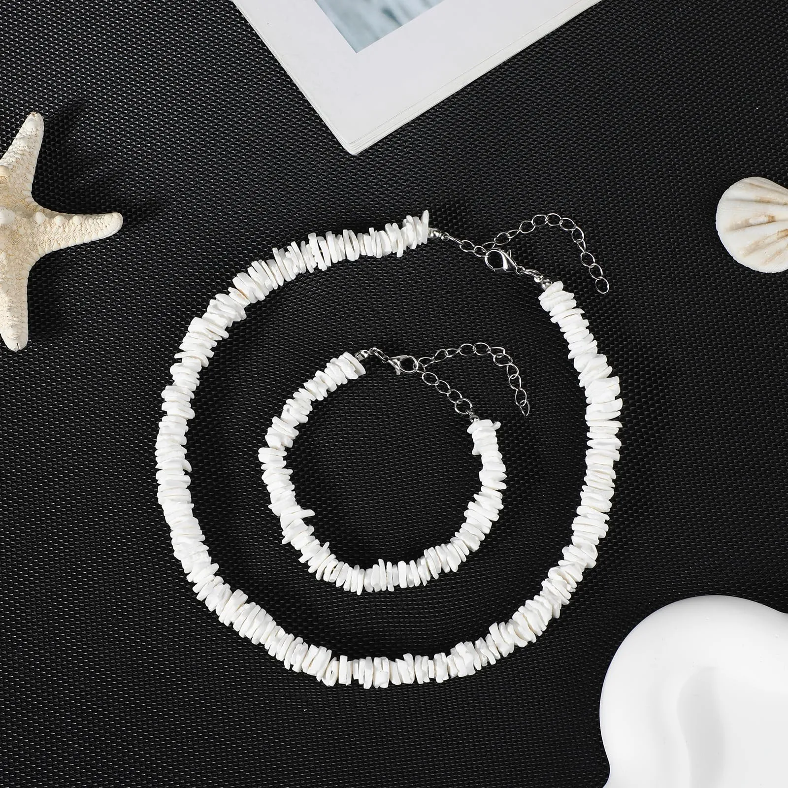 DPKOW Collana e Bracciale in Conchiglia Bianca per Donne e Ragazze, Gioielli Bohémien Hawaiano per la Spiaggia e Viaggi, Set di Gioielli Boho-chic - immagine 6