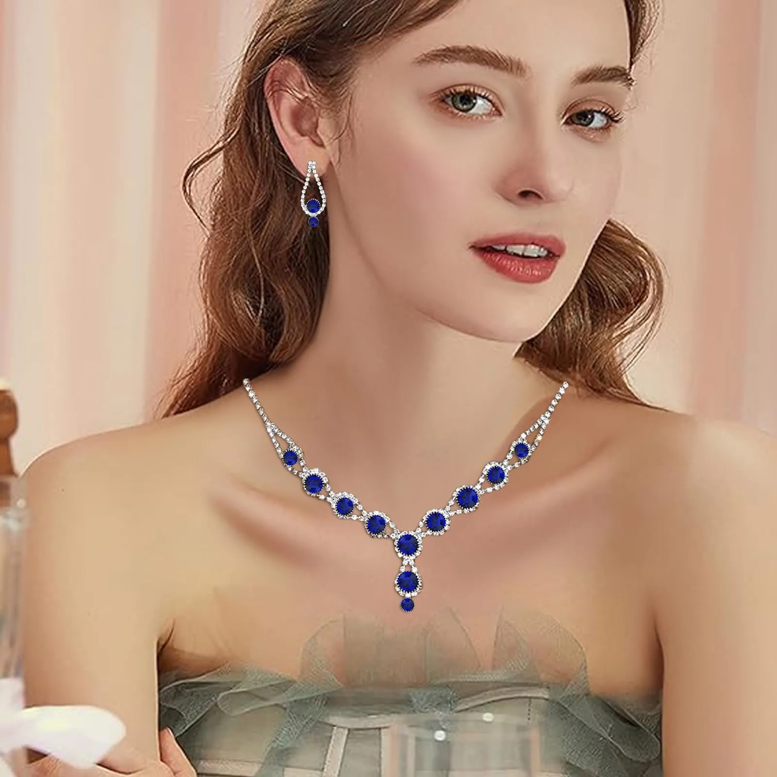 AOWVUTS Cristallo Set di Gioielli da Sposa Donne Argento Parure Gioielli con Strass Rotondo Collana Orecchini Pendenti Bracciale Set Gioielli da Zirconia Cubica (Blu) - immagine 2