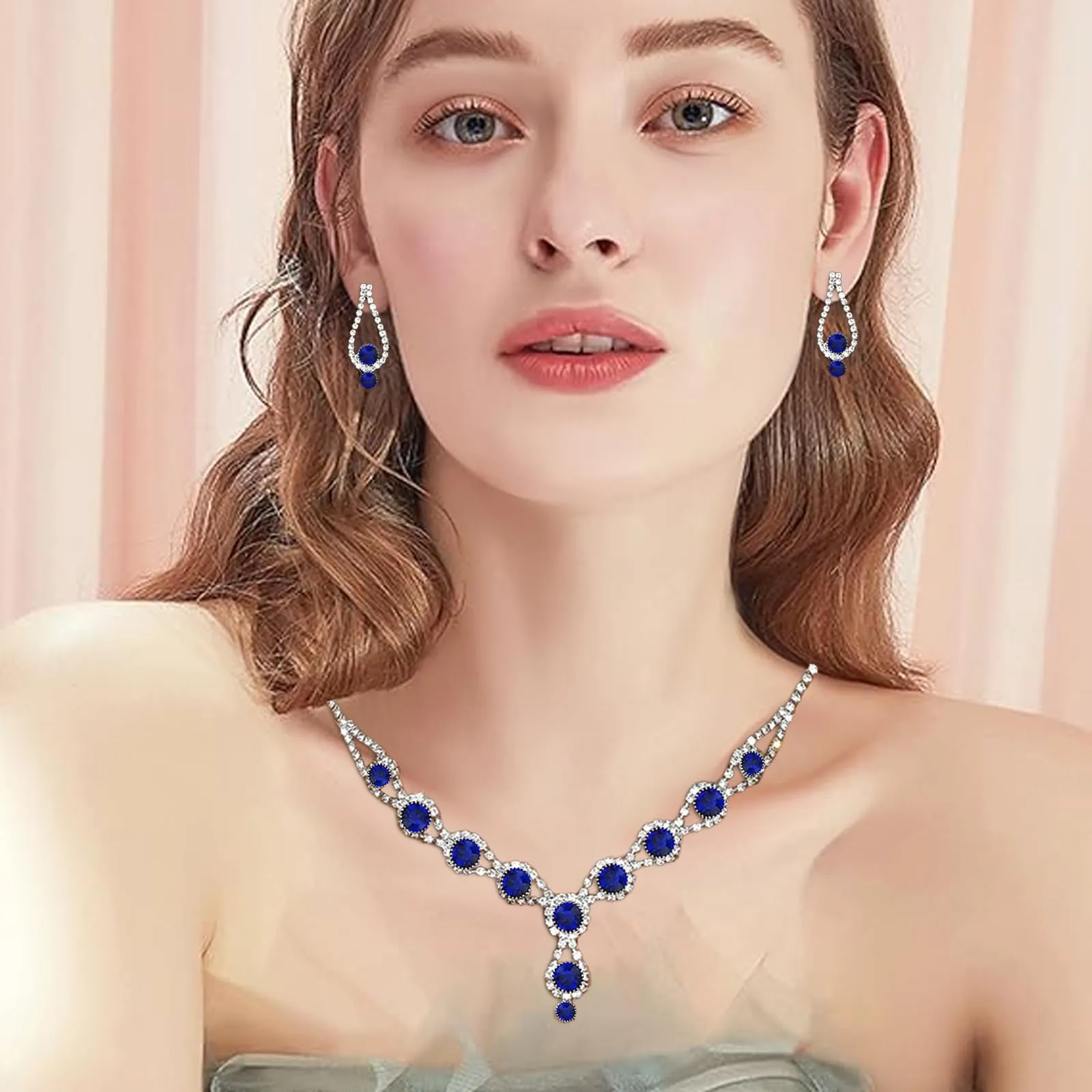 AOWVUTS Cristallo Set di Gioielli da Sposa Donne Argento Parure Gioielli con Strass Rotondo Collana Orecchini Pendenti Bracciale Set Gioielli da Zirconia Cubica (Blu) - immagine 4