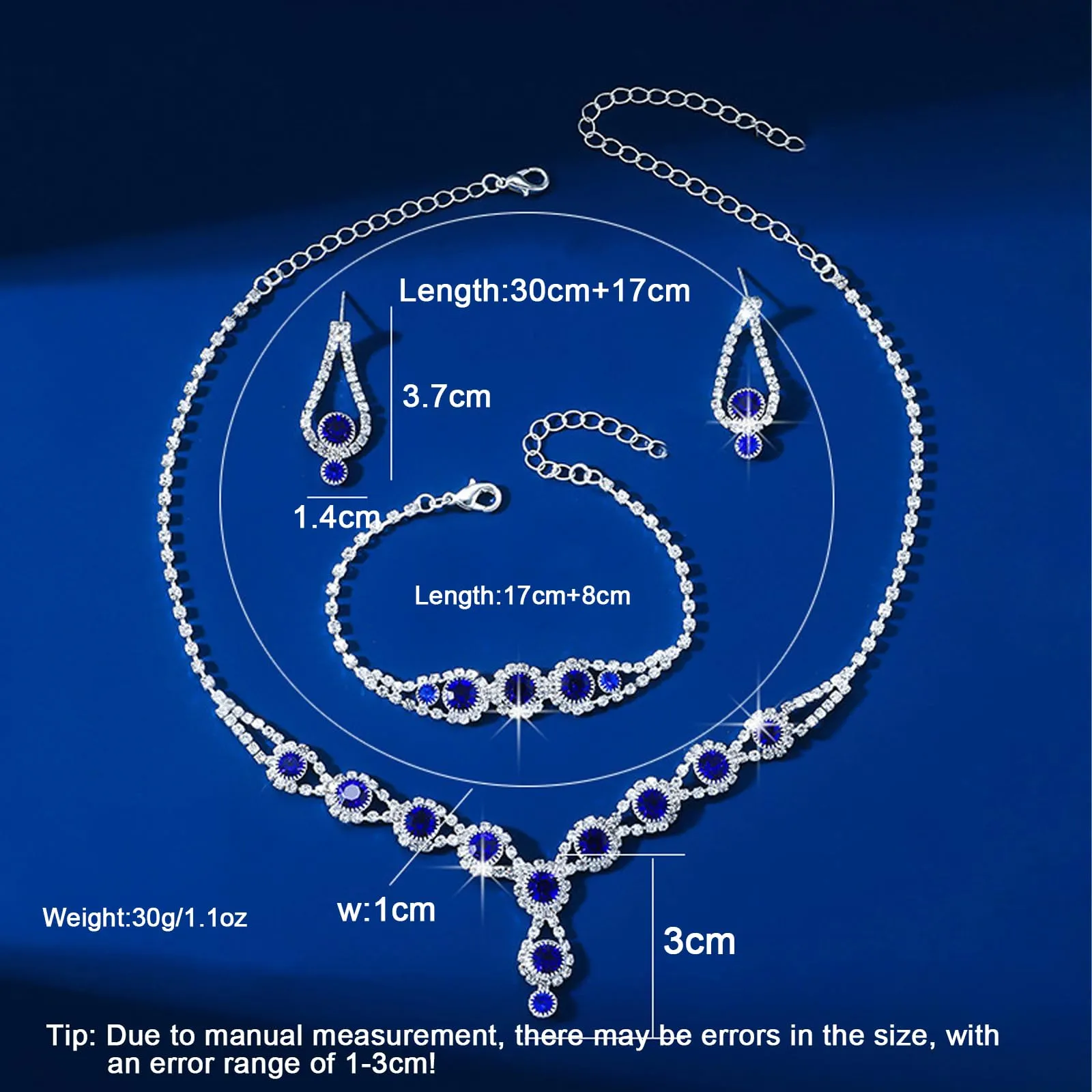 AOWVUTS Cristallo Set di Gioielli da Sposa Donne Argento Parure Gioielli con Strass Rotondo Collana Orecchini Pendenti Bracciale Set Gioielli da Zirconia Cubica (Blu) - immagine 7