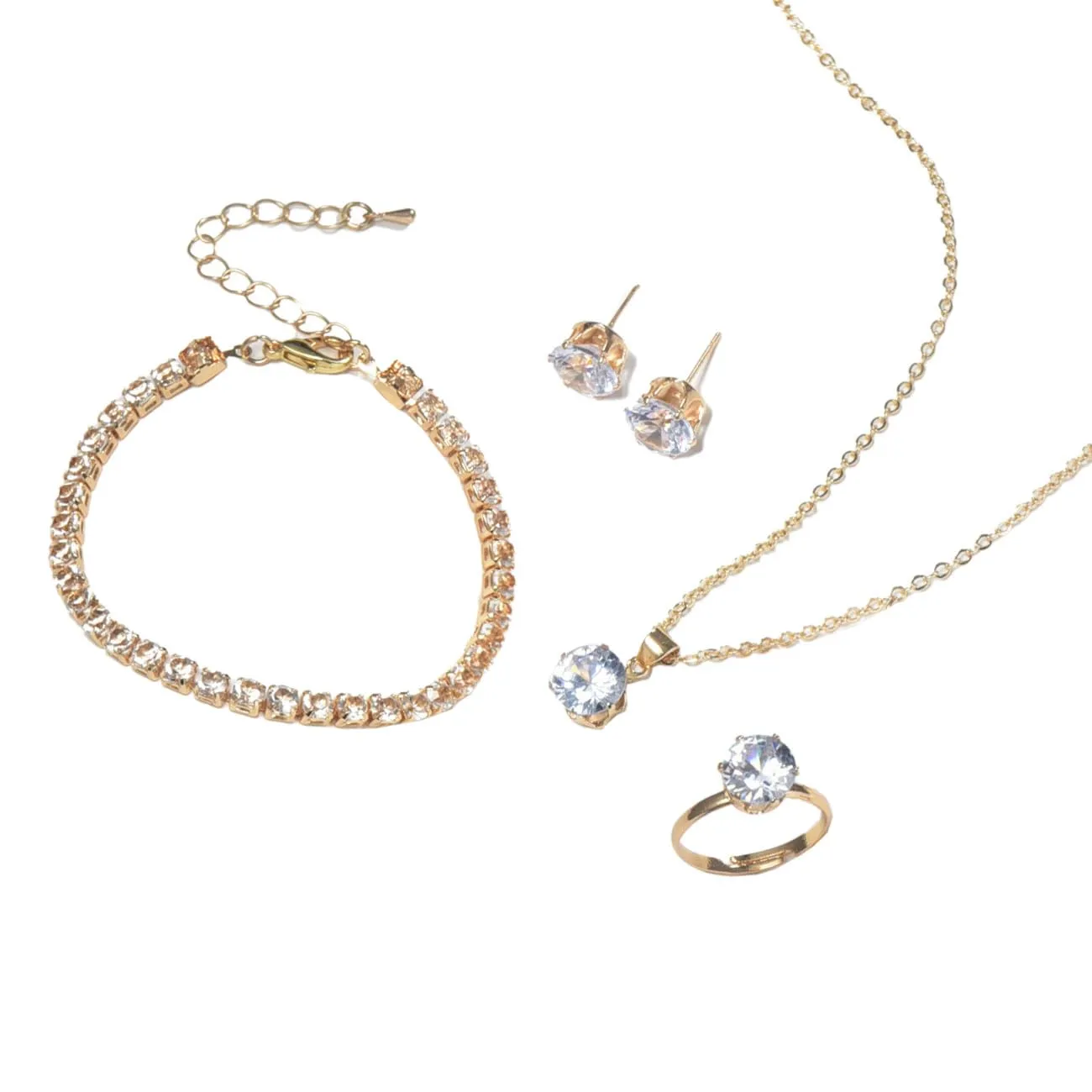 Auriselle Donna Gioielli Set Strass Orecchini Collana Bracciale Anello Classico 4 Pezzi Donna Gioielli con Cubic Zirconia Regali di Nozze per le Signore, Oro - immagine 1