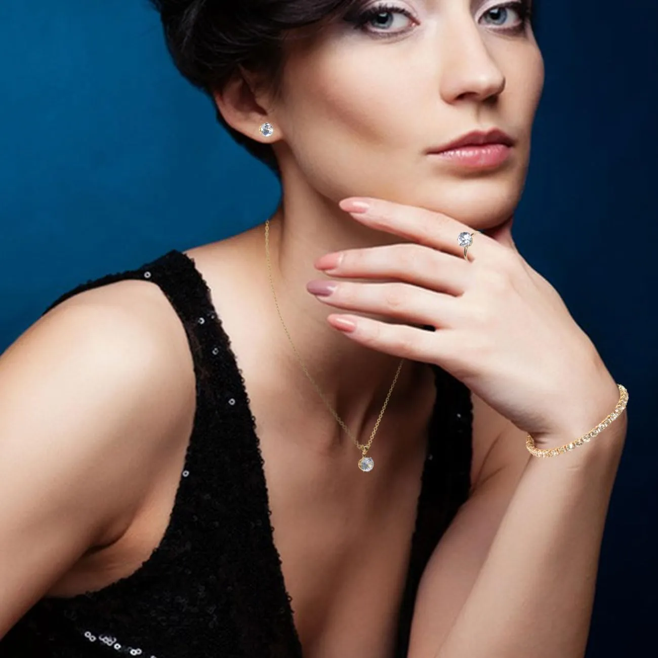 Auriselle Donna Gioielli Set Strass Orecchini Collana Bracciale Anello Classico 4 Pezzi Donna Gioielli con Cubic Zirconia Regali di Nozze per le Signore, Oro - immagine 3