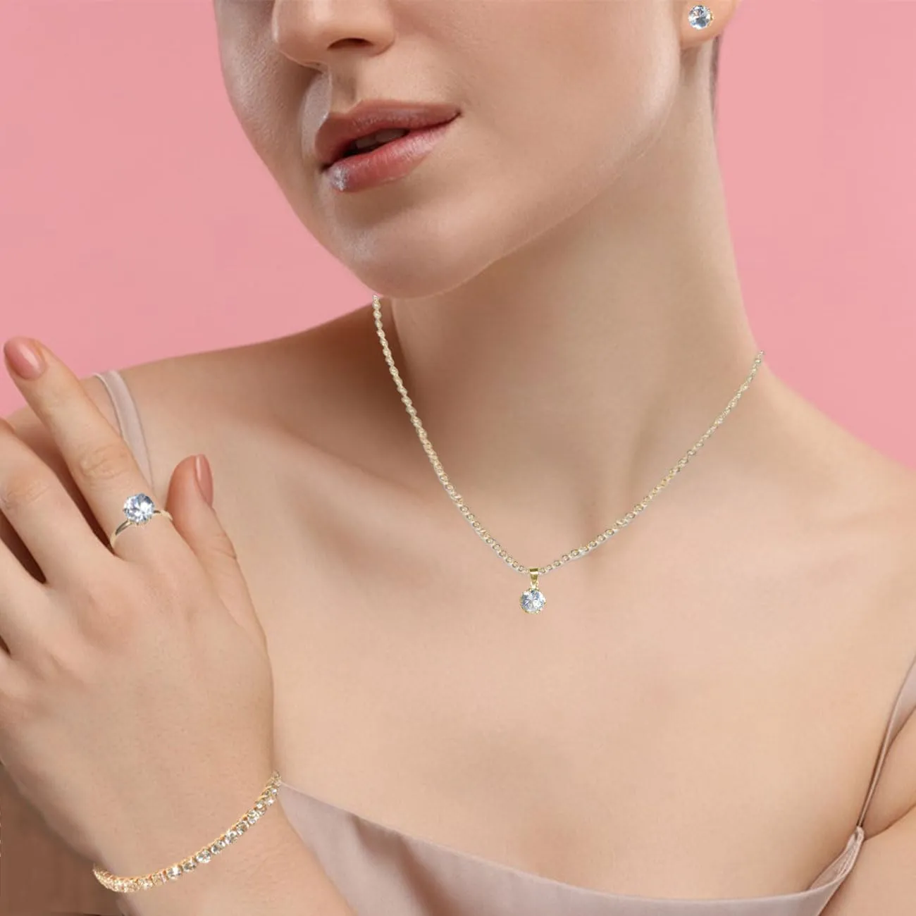 Auriselle Donna Gioielli Set Strass Orecchini Collana Bracciale Anello Classico 4 Pezzi Donna Gioielli con Cubic Zirconia Regali di Nozze per le Signore, Oro - immagine 4