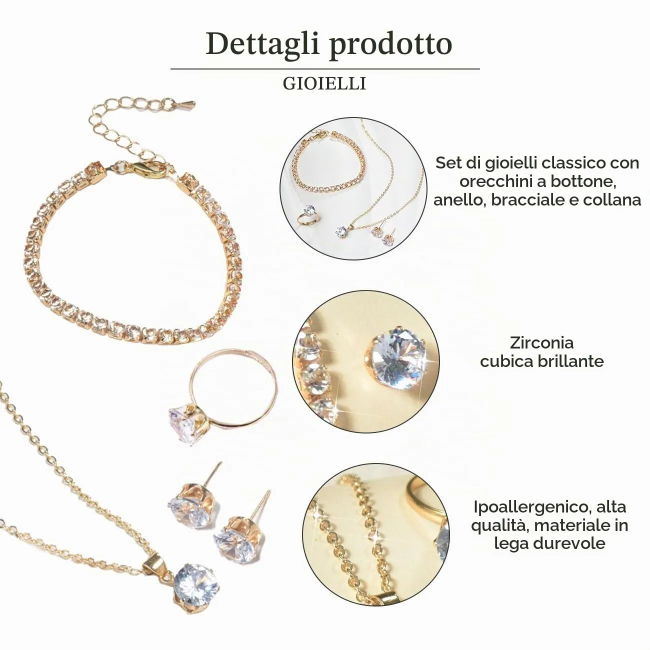Auriselle Donna Gioielli Set Strass Orecchini Collana Bracciale Anello Classico 4 Pezzi Donna Gioielli con Cubic Zirconia Regali di Nozze per le Signore, Oro - immagine 5