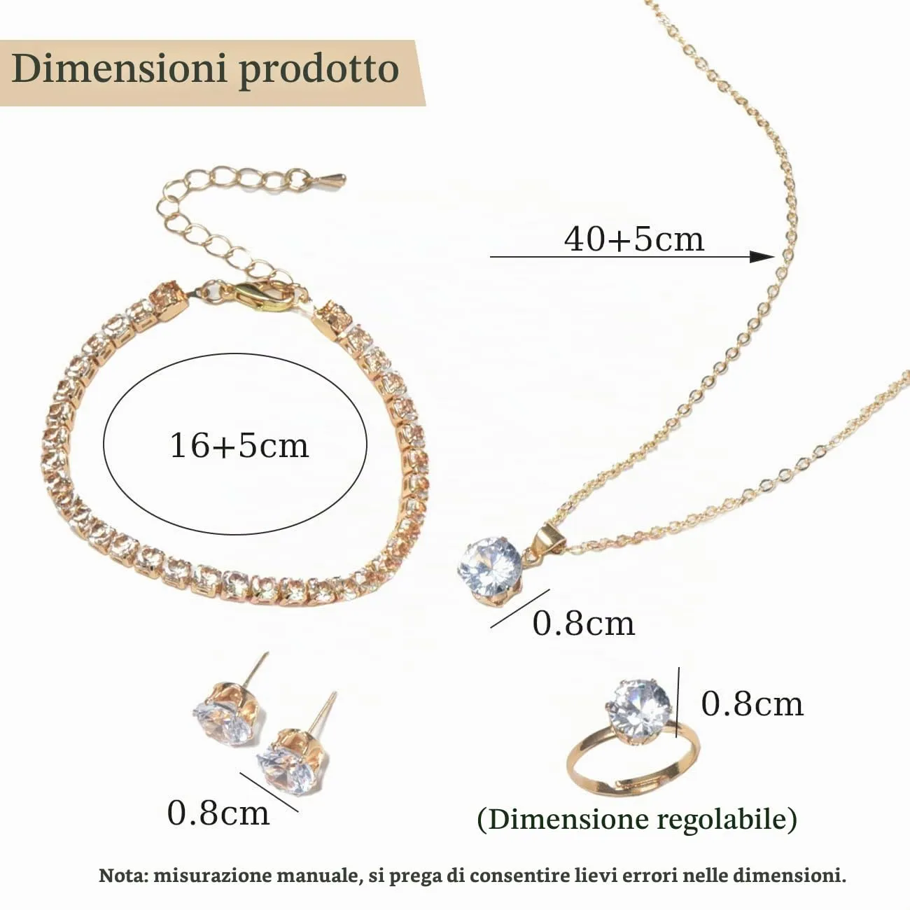 Auriselle Donna Gioielli Set Strass Orecchini Collana Bracciale Anello Classico 4 Pezzi Donna Gioielli con Cubic Zirconia Regali di Nozze per le Signore, Oro - immagine 6