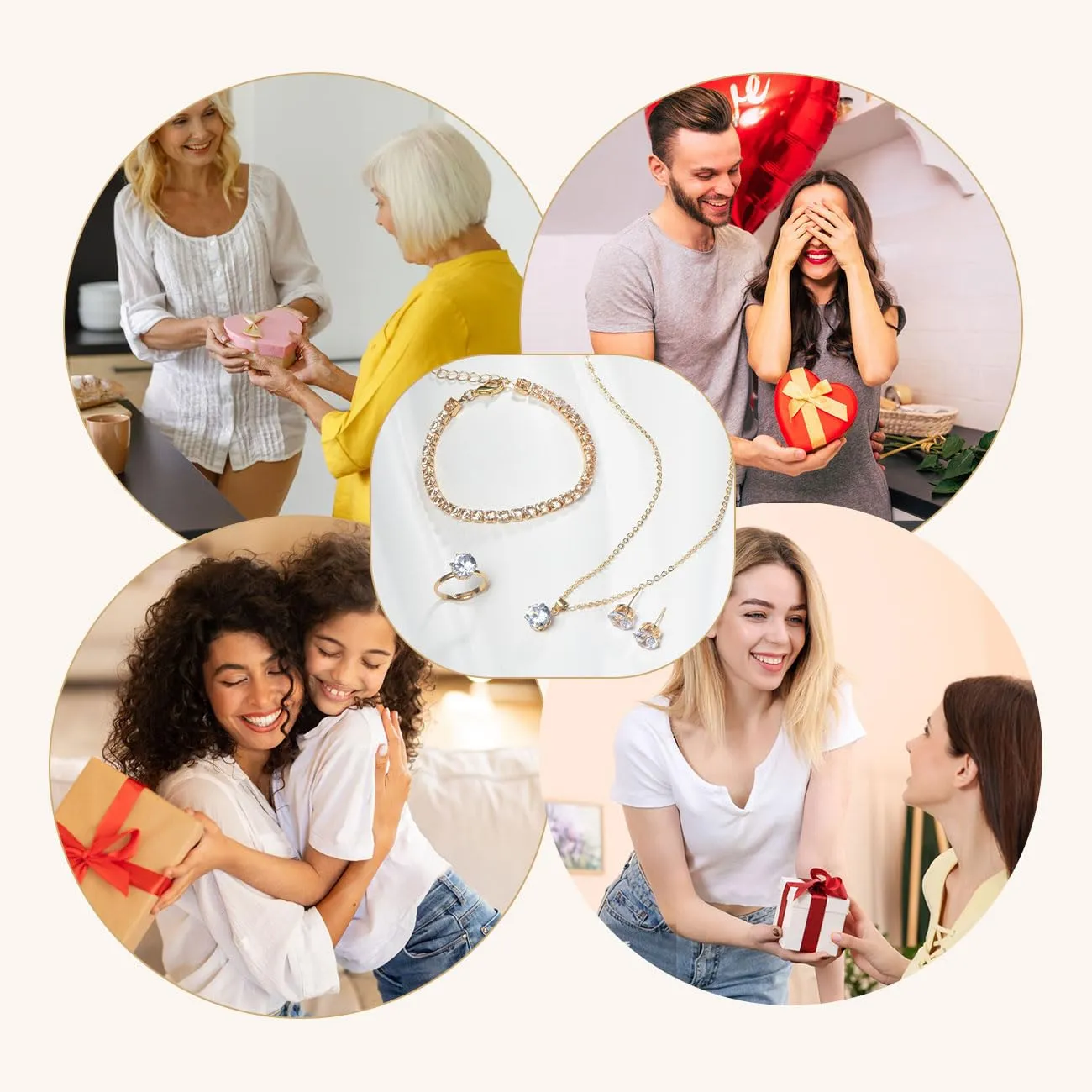 Auriselle Donna Gioielli Set Strass Orecchini Collana Bracciale Anello Classico 4 Pezzi Donna Gioielli con Cubic Zirconia Regali di Nozze per le Signore, Oro - immagine 7