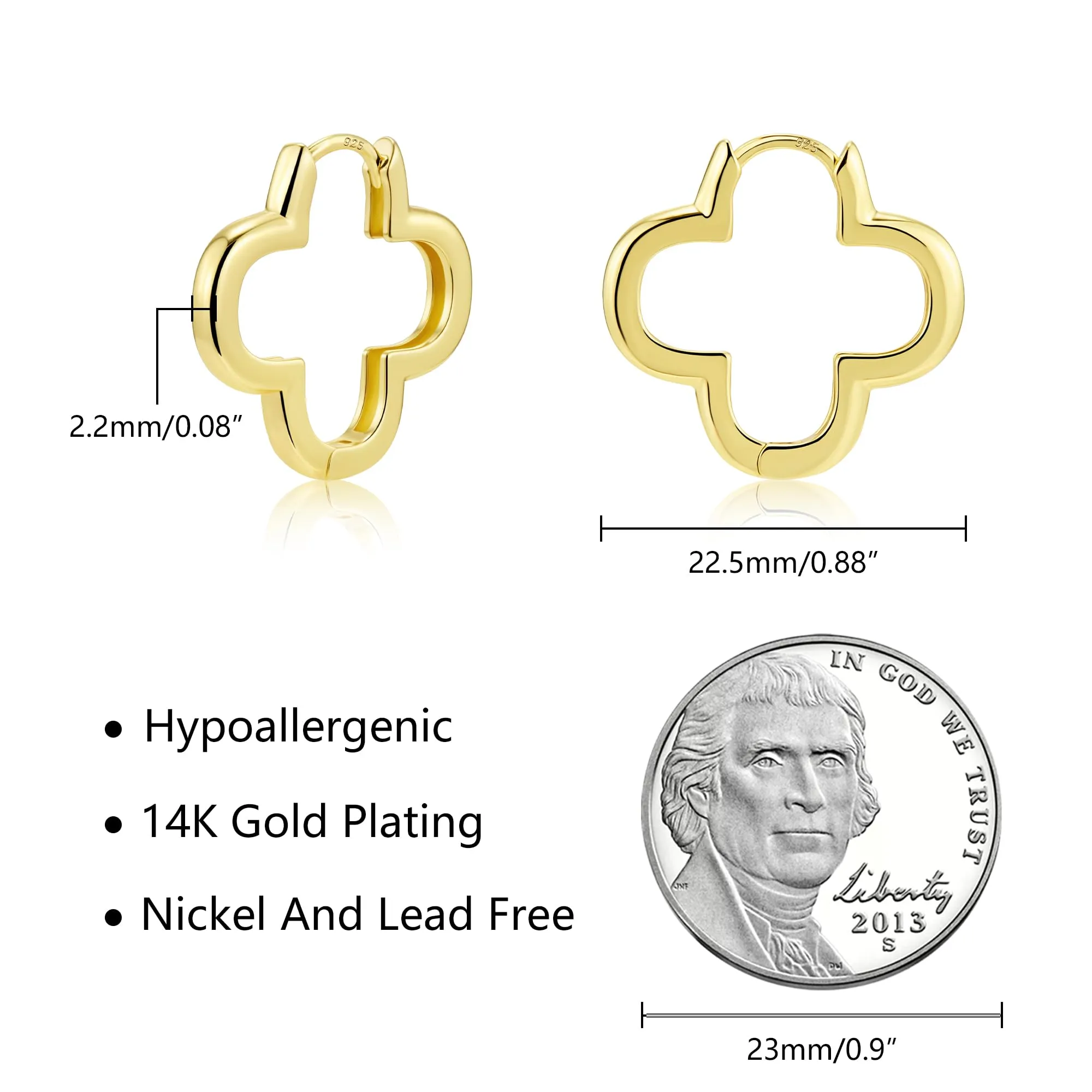 ALEXCRAFT Orecchini Donna Cerchio Oro 14K Quadrifoglio Lucido Huggie - immagine 3