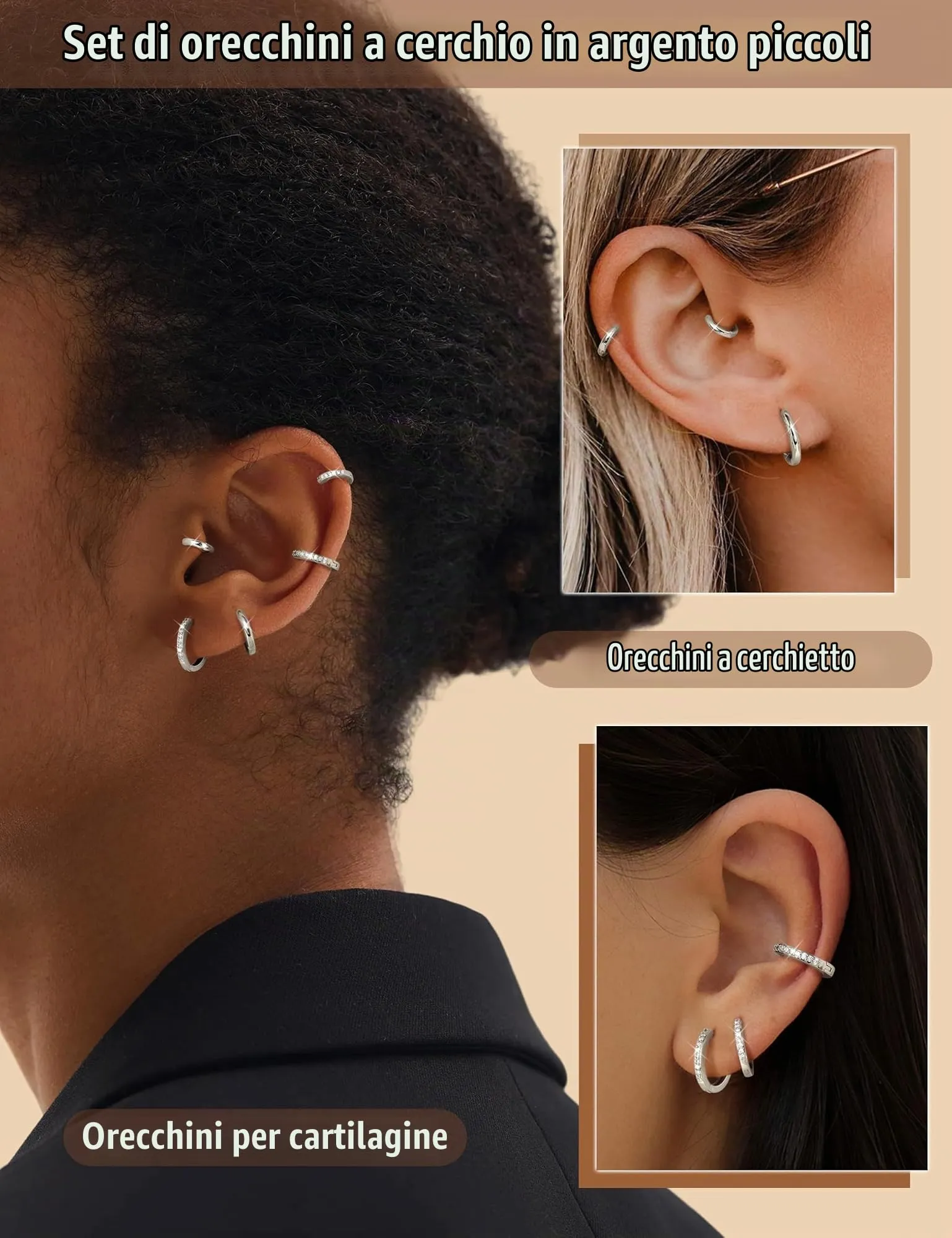 FANCH 6Paia Orecchini Cerchio Argento 925 per Donna Uomo Set Orecchini Cerchio Piccoli 14K Placcato Oro Cubic Zirconia Ipoallergenico Cartilage Daith Helix Piercing Orecchino 6/7/8/9/10/12mm Argento - immagine 4