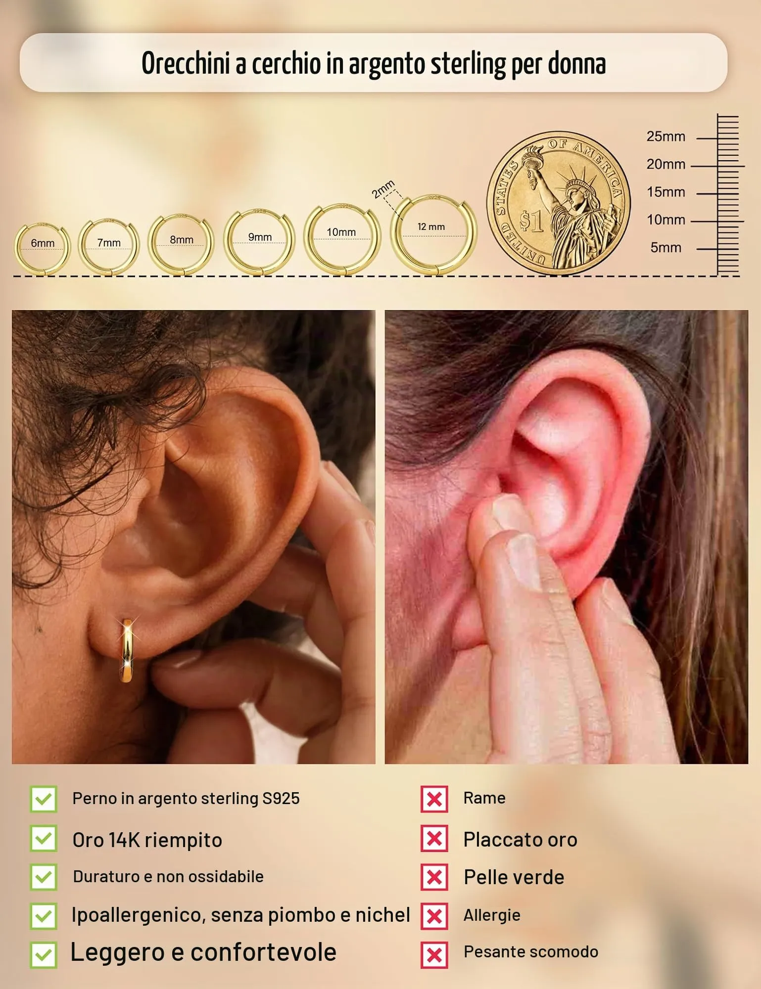 FANCH 6Paia Orecchini Cerchio Argento 925 per Donna Uomo Set Orecchini Cerchio Piccoli 14K Placcato Oro Ipoallergenico Cartilage Orecchino Daith Helix Piercing Orecchino 6/7/8/9/10/12mm Oro - immagine 2