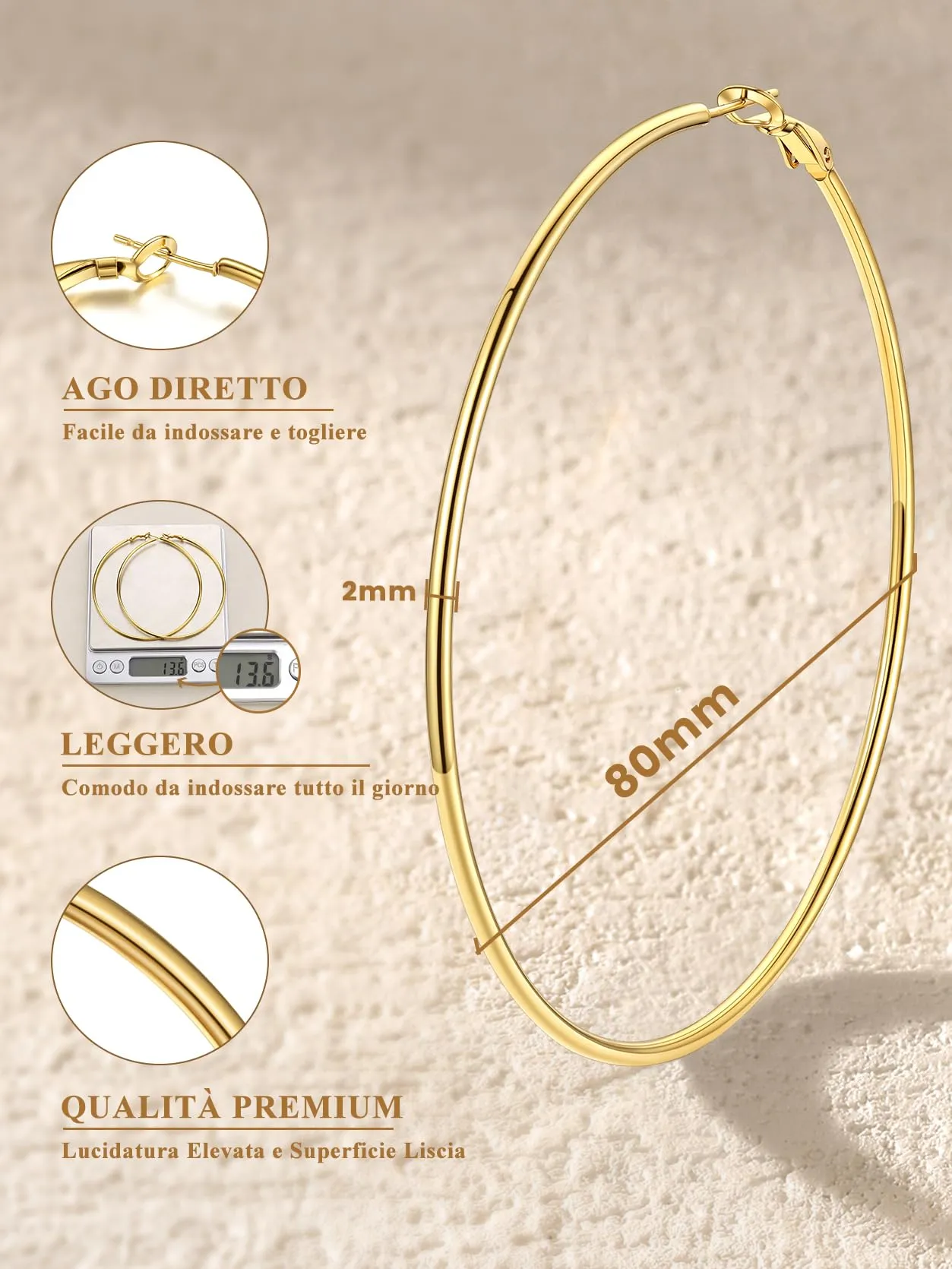 GoldChic Orecchini Cerchio Grande 80mm Oro in Acciaio Inox - immagine 3