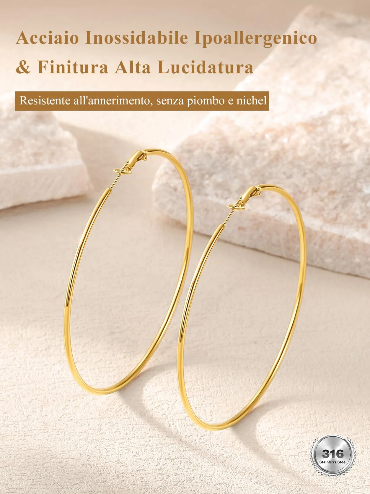 GoldChic Orecchini Cerchio Grande 80mm Oro in Acciaio Inox - immagine 6