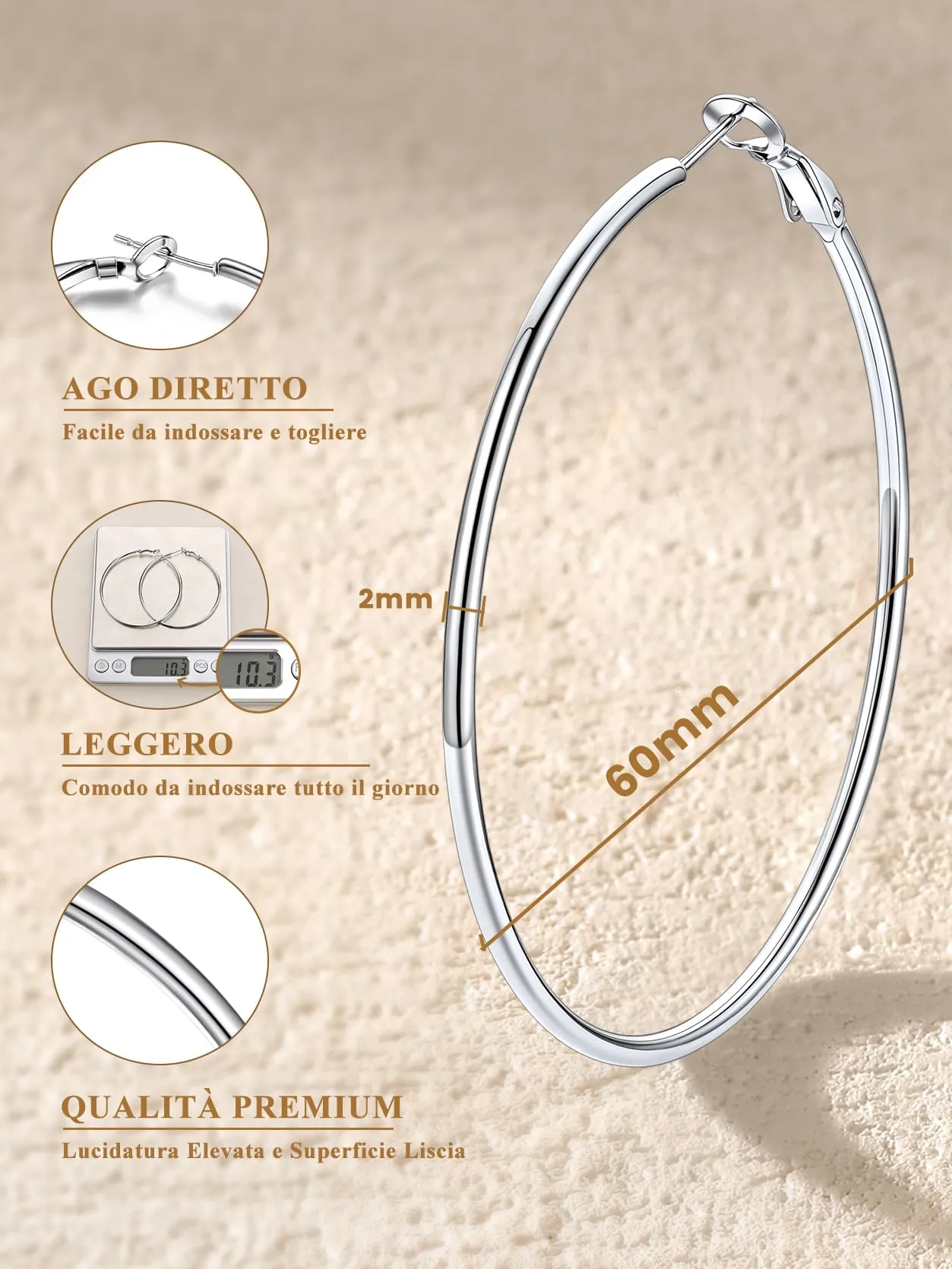 GoldChic Orecchini Cerchio Grande 60mm Argento Acciaio Inox - immagine 7