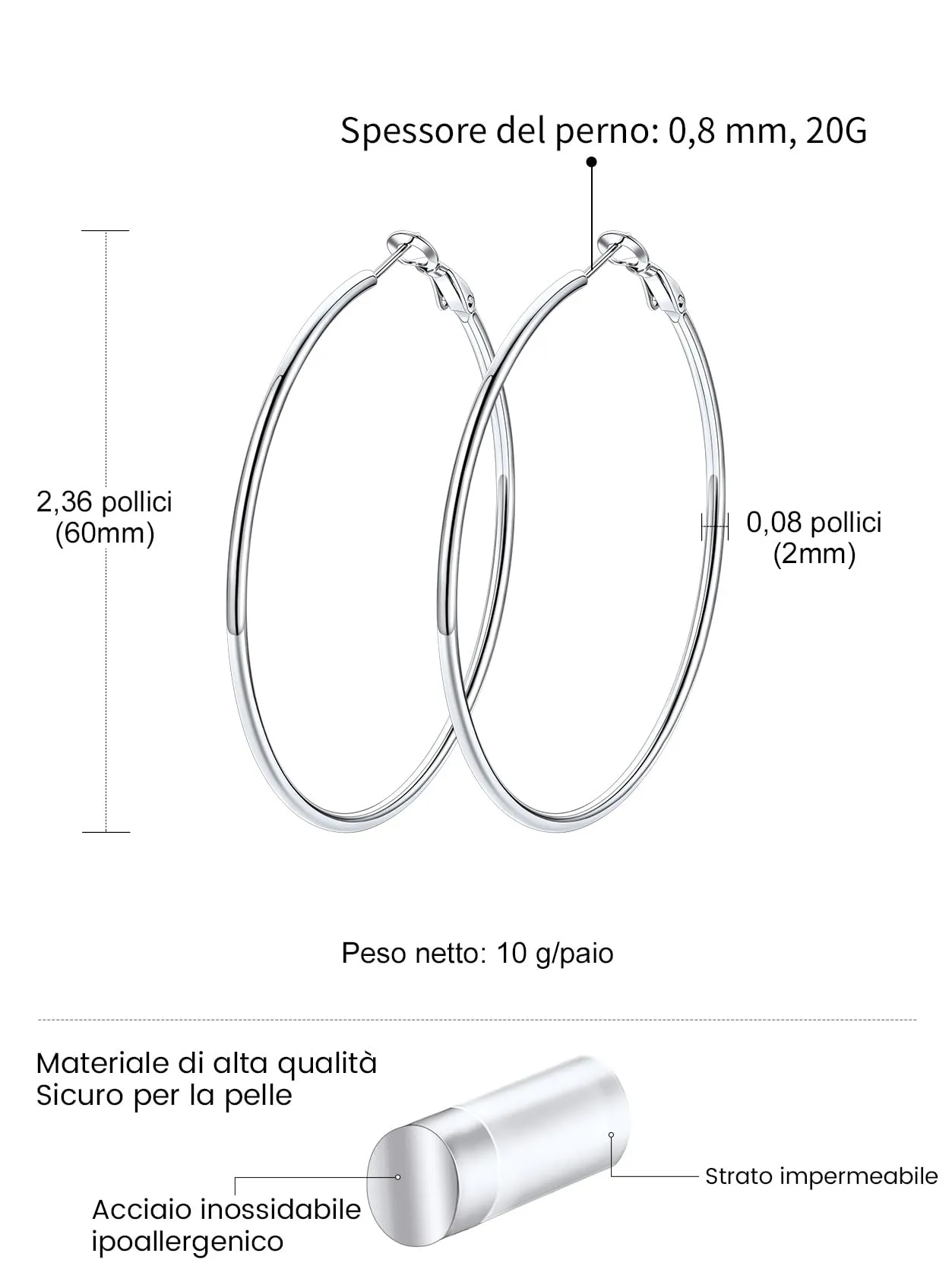 GoldChic Orecchini Cerchio Grande 60mm Argento Acciaio Inox - immagine 8