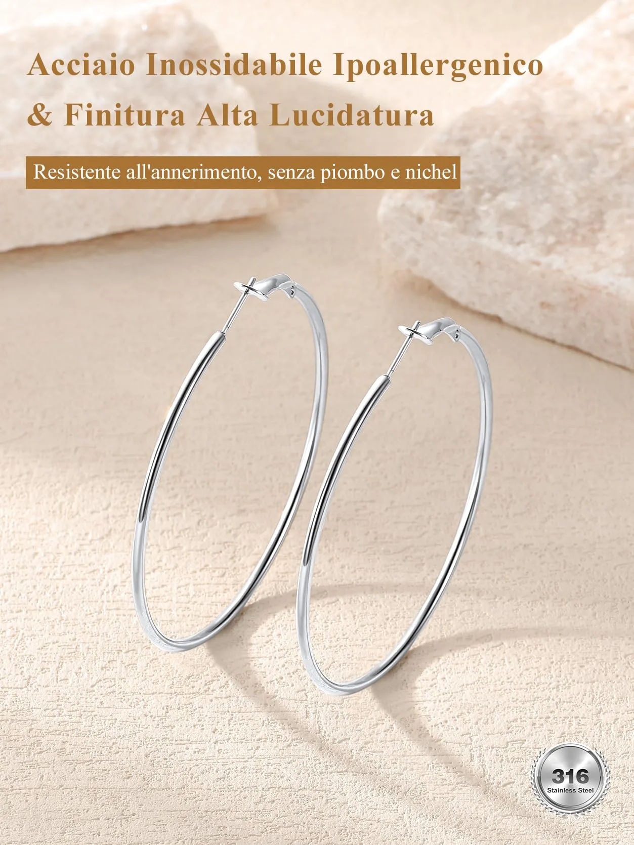 GoldChic Orecchini Cerchio Grande 60mm Argento Acciaio Inox - immagine 9