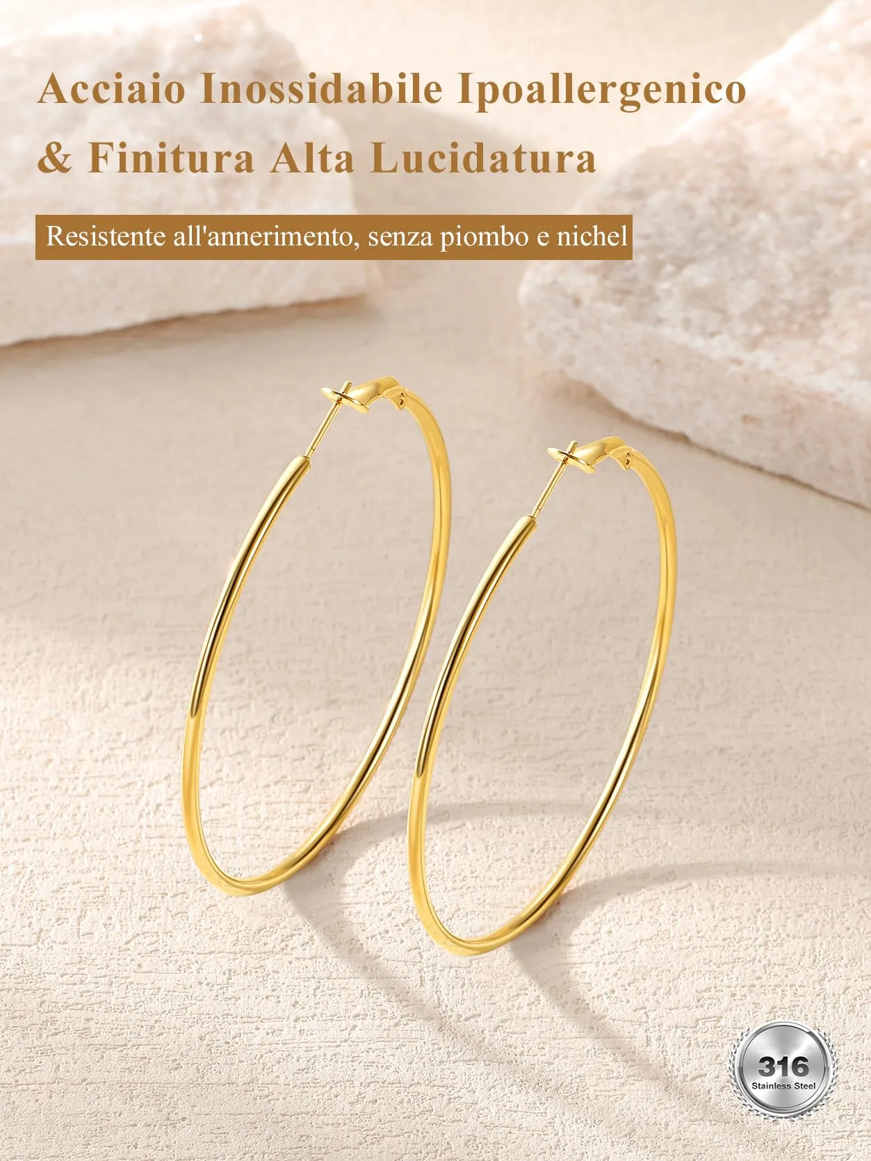 GoldChic Orecchini Cerchio Grande 60mm Oro in Acciaio Inox - immagine 7