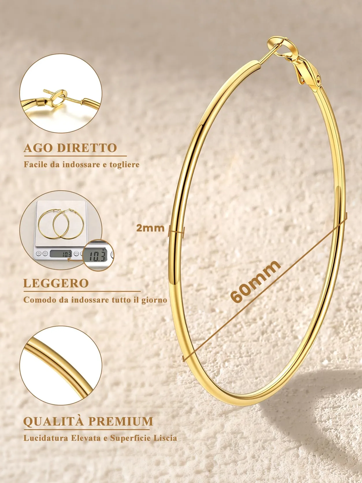 GoldChic Orecchini Cerchio Grande 60mm Oro in Acciaio Inox - immagine 8