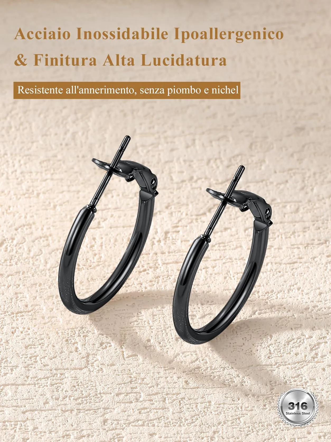 GoldChic Orecchini Cerchio 20mm Nero in Acciaio Inox - immagine 7