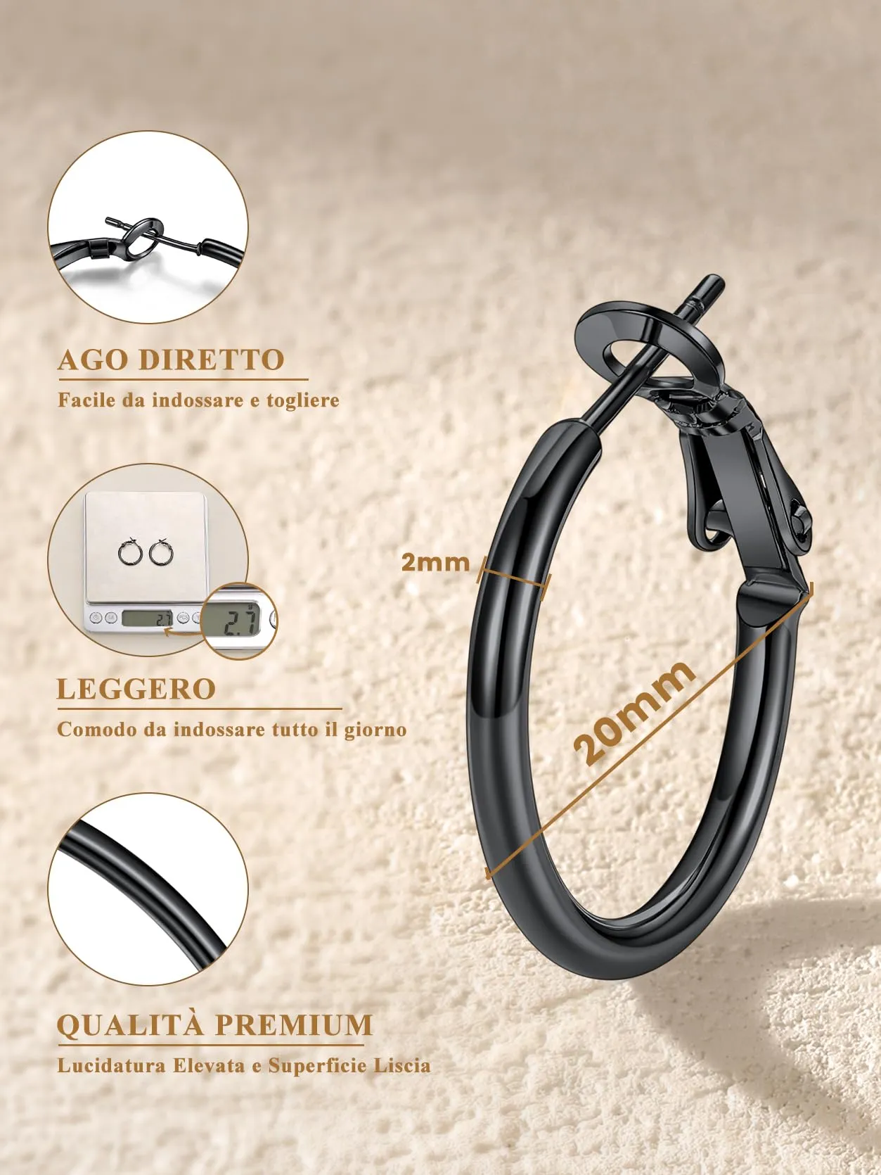GoldChic Orecchini Cerchio 20mm Nero in Acciaio Inox - immagine 8
