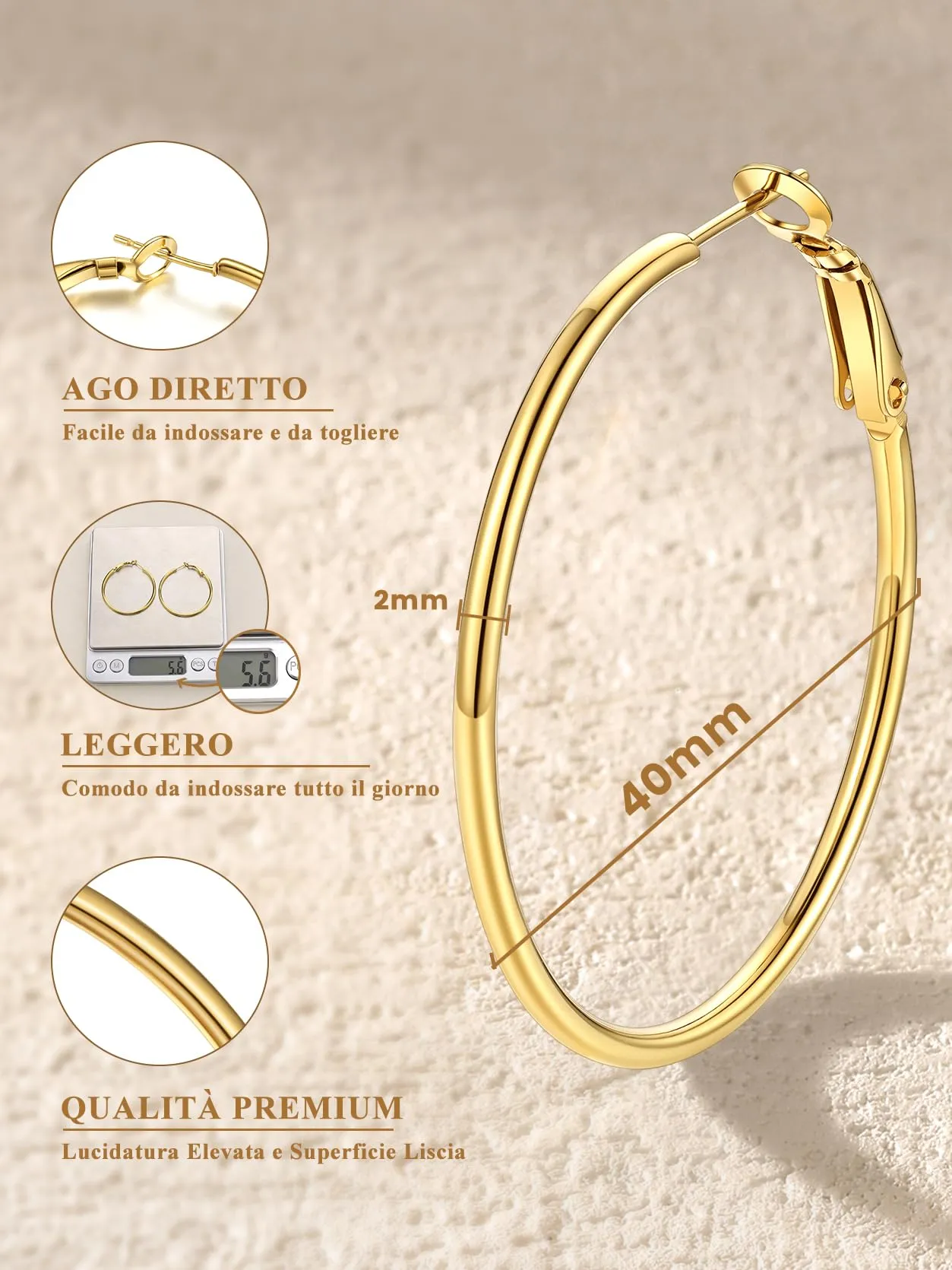 GoldChic Orecchini Cerchio Media 40mm Oro in Acciaio Inox - immagine 3