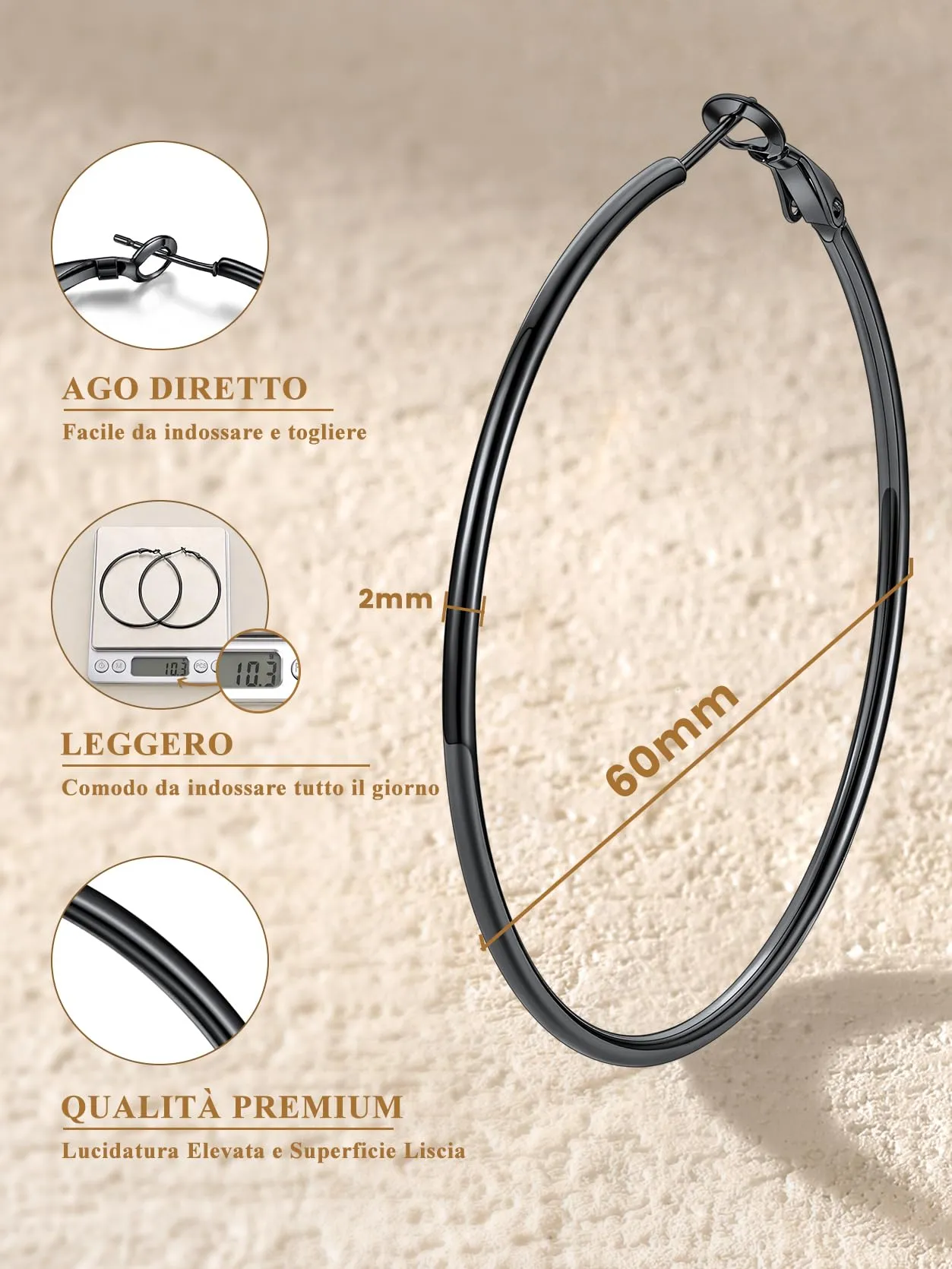 GoldChic Orecchini Cerchio Grande 60mm Nero in Acciaio Inox - immagine 3