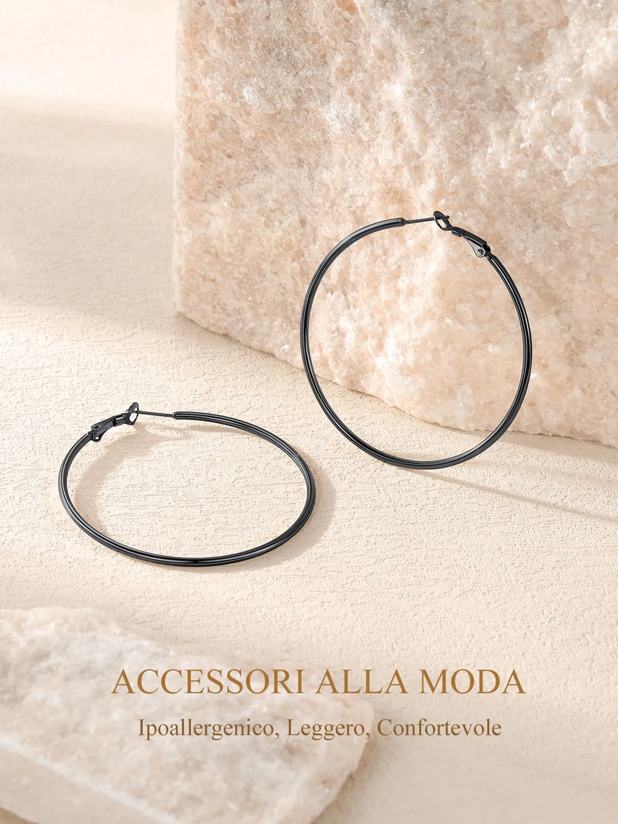 GoldChic Orecchini Cerchio Grande 60mm Nero in Acciaio Inox - immagine 6