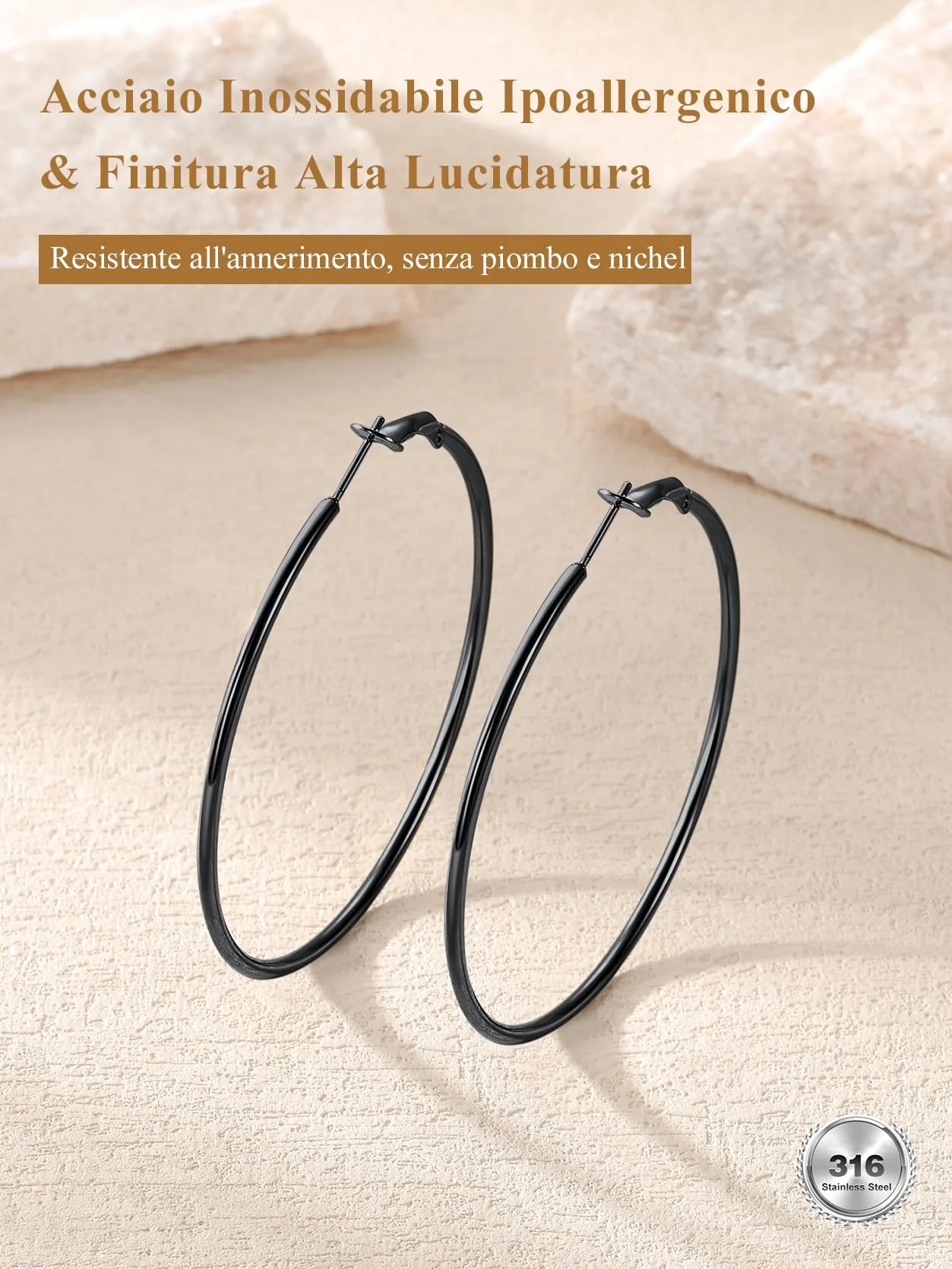 GoldChic Orecchini Cerchio Grande 60mm Nero in Acciaio Inox - immagine 8