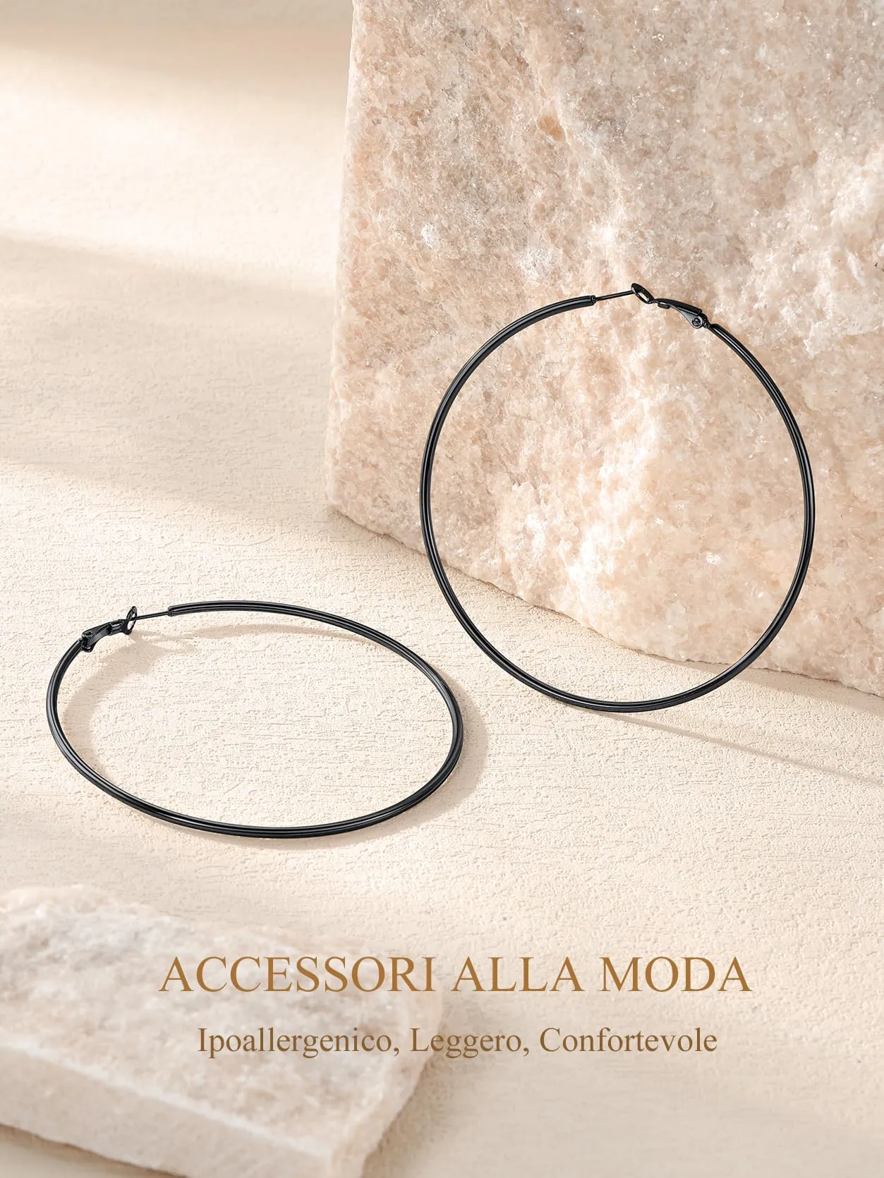 GoldChic Orecchini Cerchio Grande 80mm Nero in Acciaio Inox - immagine 3
