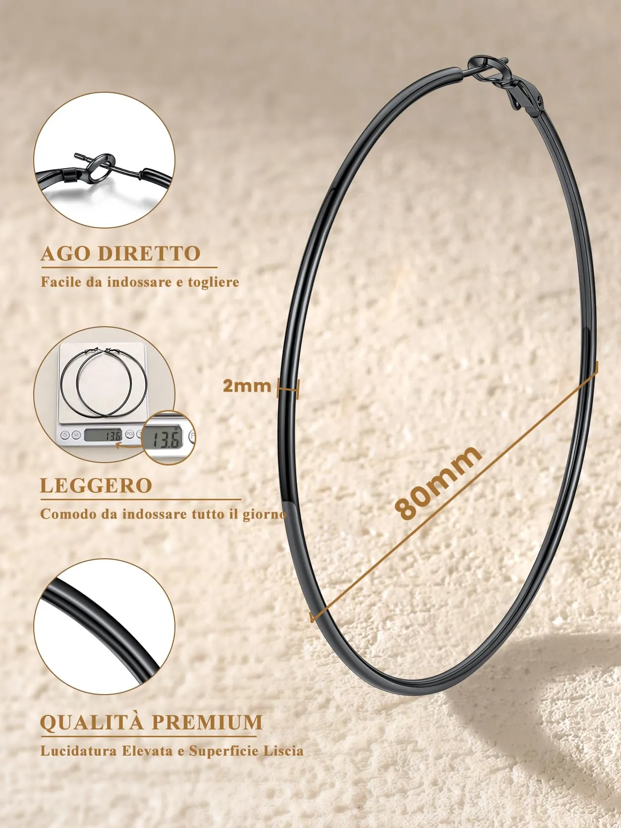 GoldChic Orecchini Cerchio Grande 80mm Nero in Acciaio Inox - immagine 8