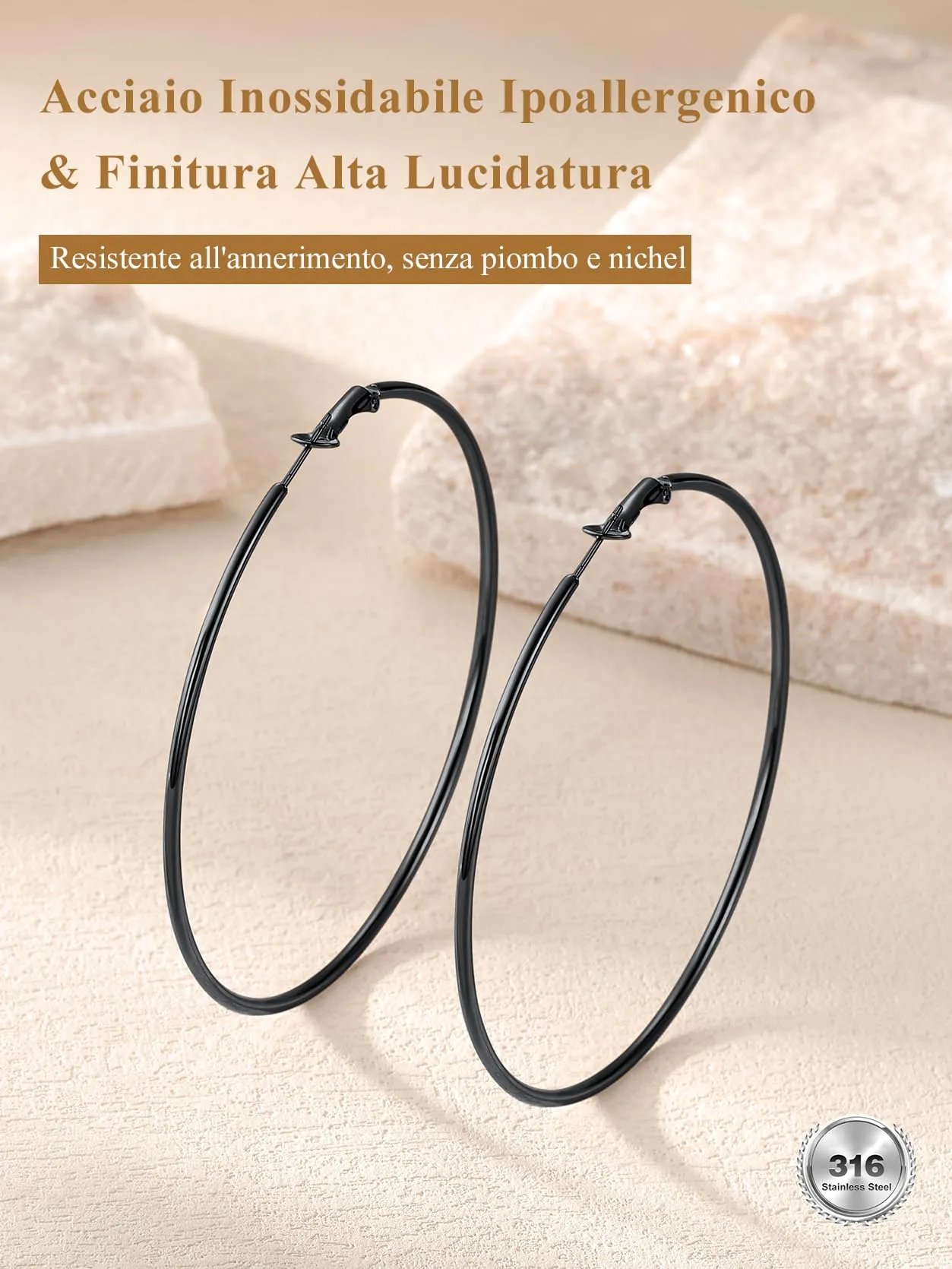 GoldChic Orecchini Cerchio Grande 80mm Nero in Acciaio Inox - immagine 9