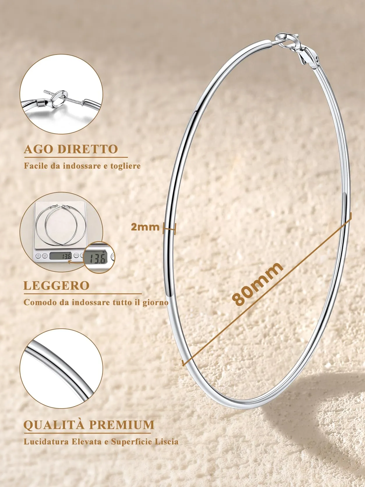 GoldChic Orecchini Cerchio Grande 80mm Argento Acciaio Inox - immagine 5