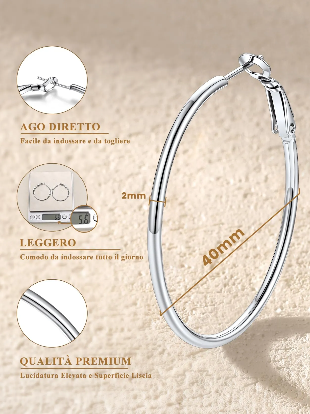 GoldChic Orecchini Cerchio Media 40mm Argento Acciaio Inox - immagine 5