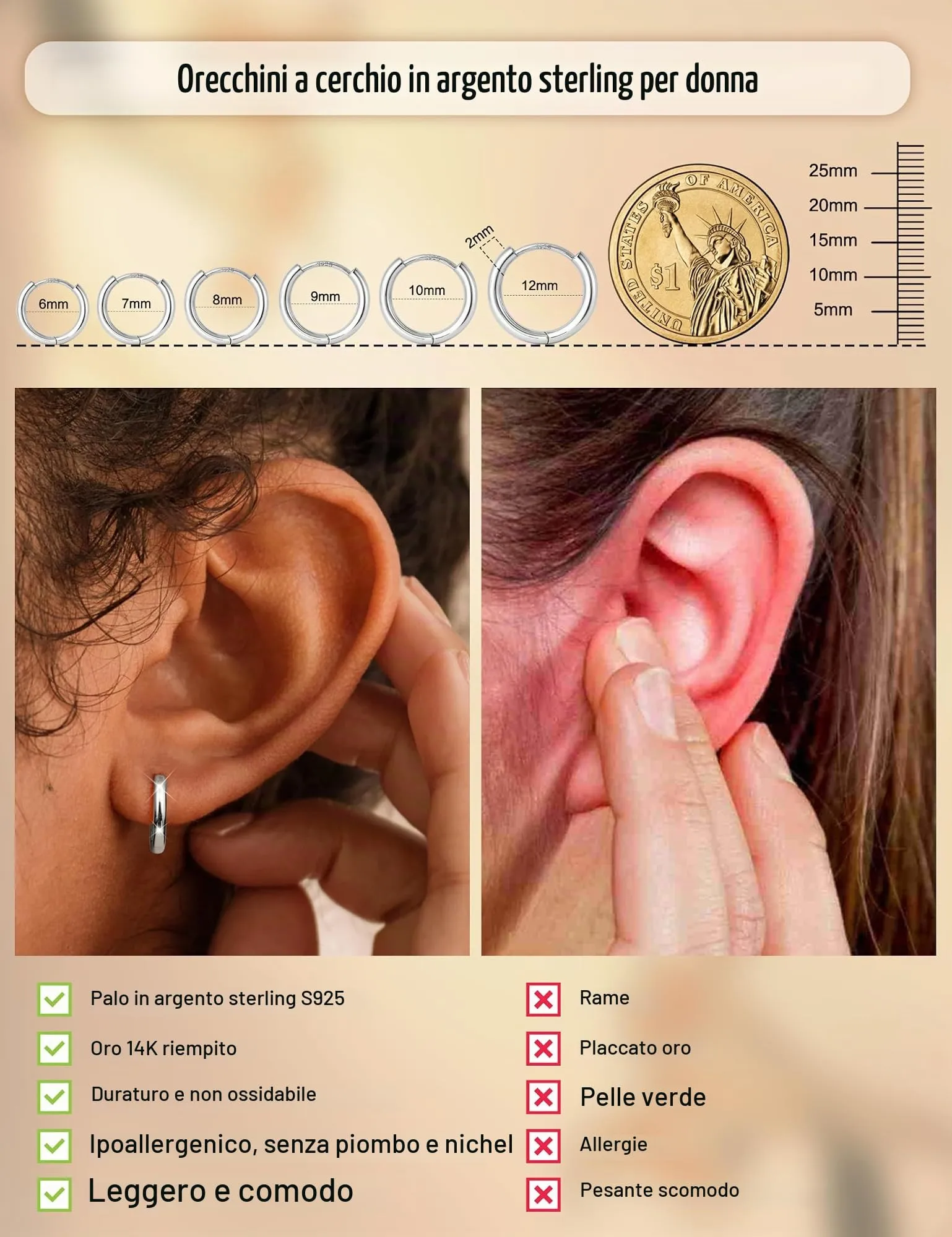 FANCH 6Paia Orecchini Cerchio Argento 925 per Donna Uomo Set Orecchini Cerchio Piccoli 14K Placcato Oro Ipoallergenico Cartilage Orecchino Daith Helix Piercing Orecchino 6/7/8/9/10/12mm Argento - immagine 2