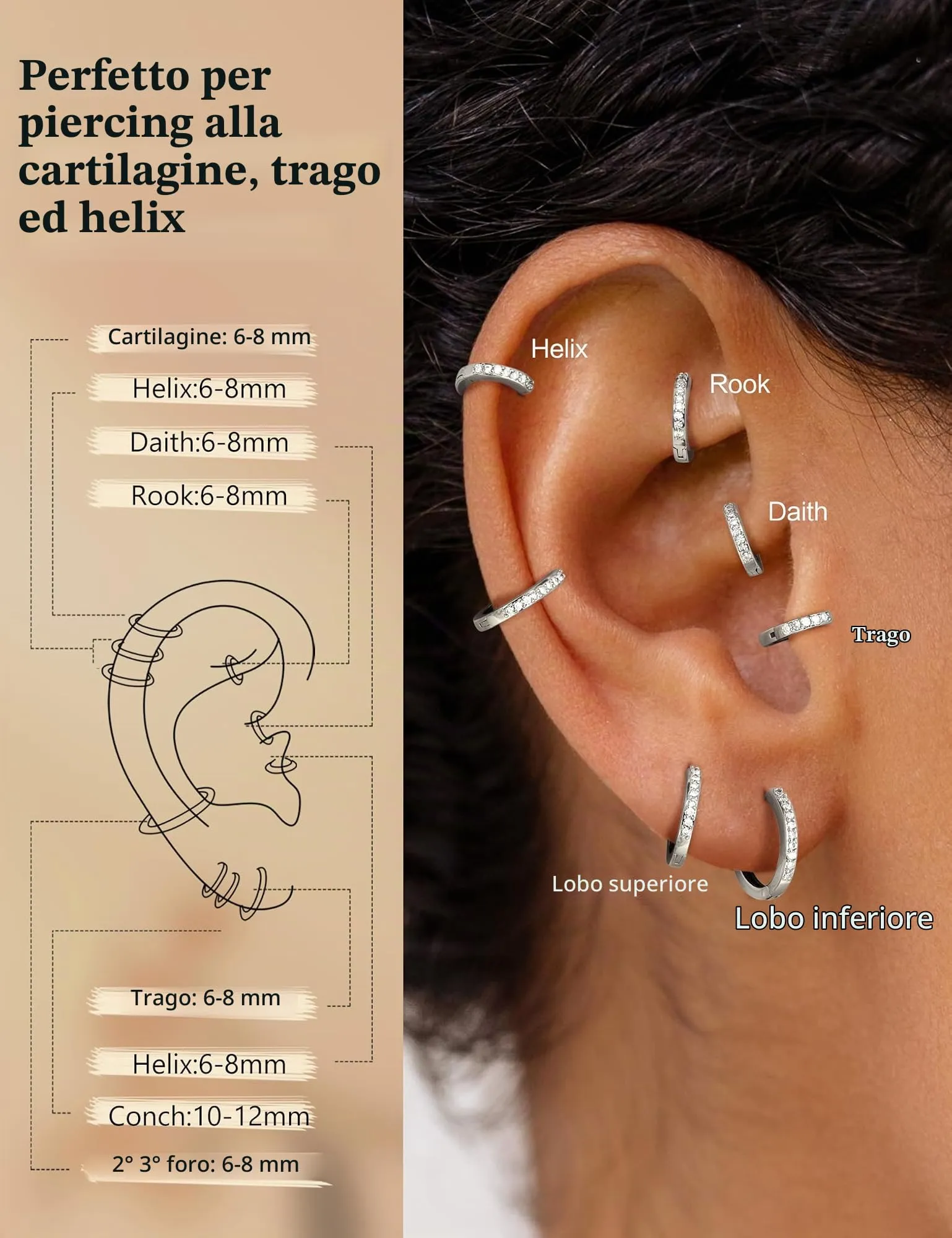 FANCH 6Paia Orecchini Cerchio Argento 925 per Donna Uomo Set Orecchini Cerchio Piccoli 14K Placcato Oro Ipoallergenico Cartilage Orecchino Daith Helix Piercing Orecchino 6/7/8/9/10/12mm Argento - immagine 3