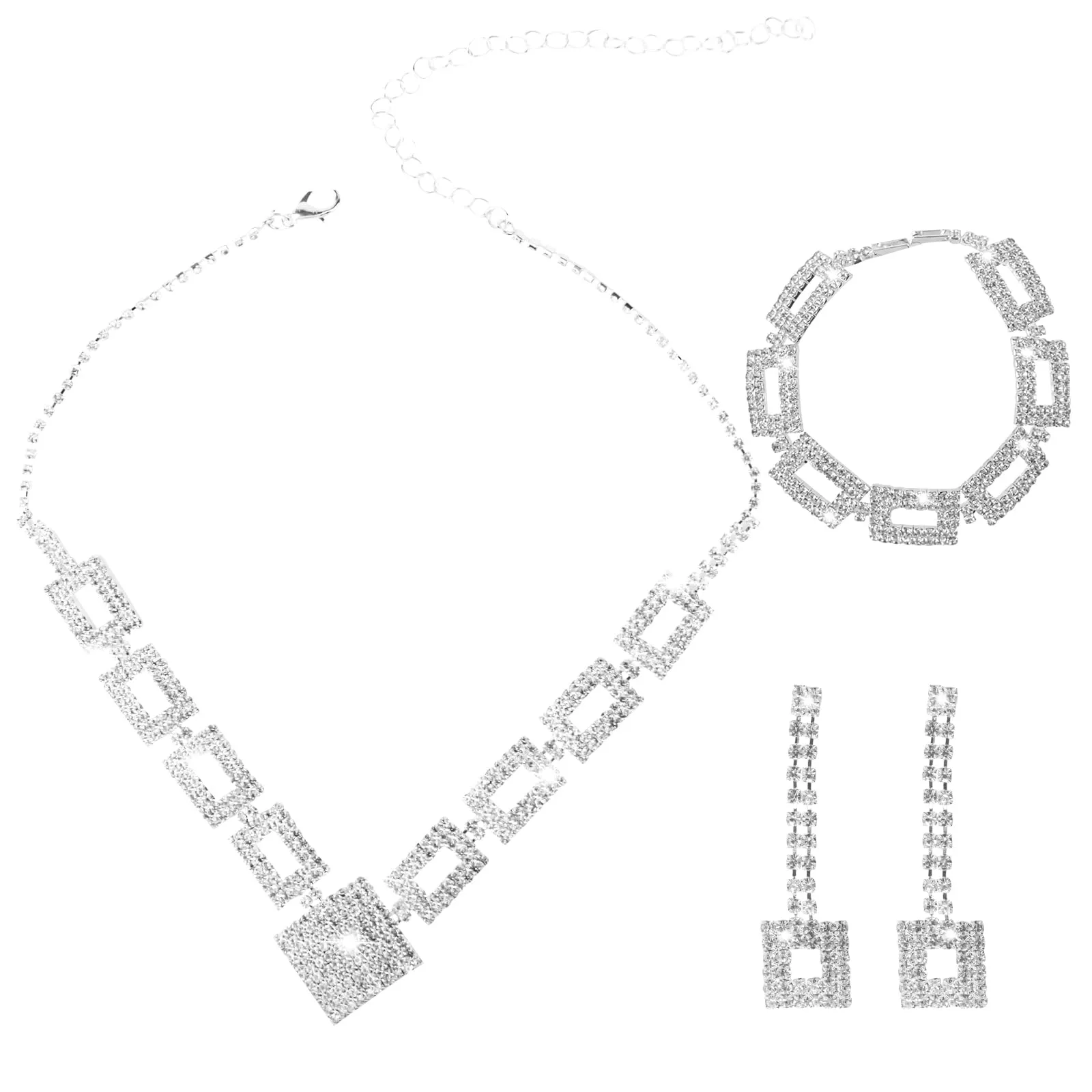 LjFrexia Set di Gioielli Nuziali, Collana con Strass Quadrati, Orecchini e Braccialetto, Gioielli Nuziali in Argento e Strass, Accessori per Costumi da sera, per Sposa, Damigella e Donne - immagine 1