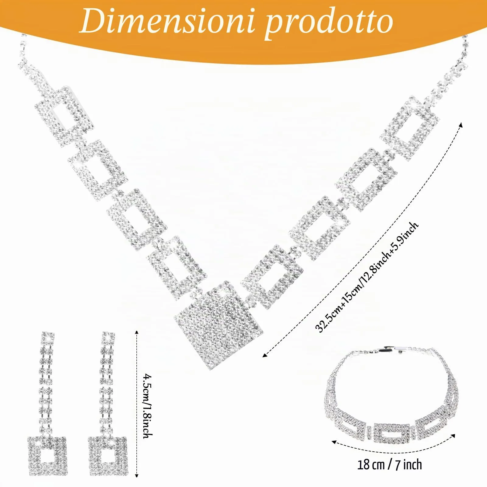 LjFrexia Set di Gioielli Nuziali, Collana con Strass Quadrati, Orecchini e Braccialetto, Gioielli Nuziali in Argento e Strass, Accessori per Costumi da sera, per Sposa, Damigella e Donne - immagine 2