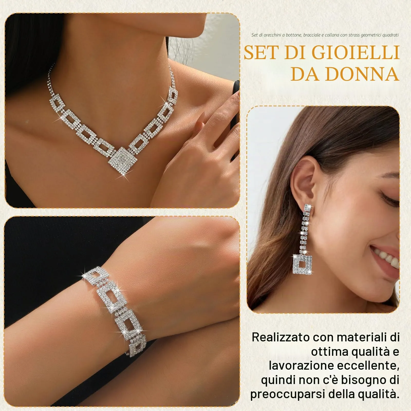 LjFrexia Set di Gioielli Nuziali, Collana con Strass Quadrati, Orecchini e Braccialetto, Gioielli Nuziali in Argento e Strass, Accessori per Costumi da sera, per Sposa, Damigella e Donne - immagine 3