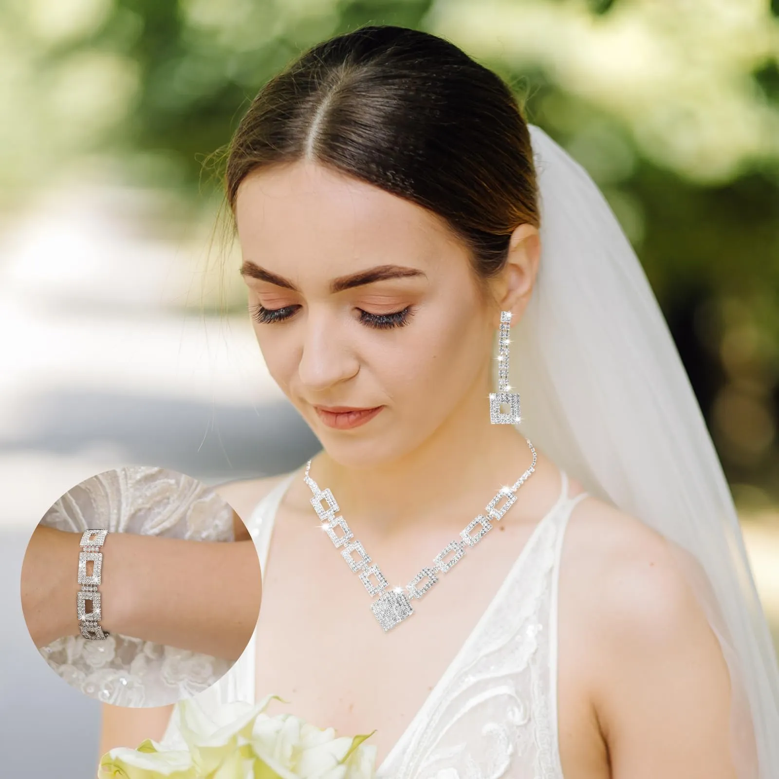 LjFrexia Set di Gioielli Nuziali, Collana con Strass Quadrati, Orecchini e Braccialetto, Gioielli Nuziali in Argento e Strass, Accessori per Costumi da sera, per Sposa, Damigella e Donne - immagine 4