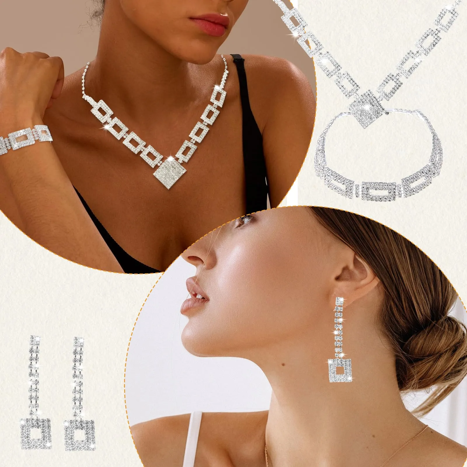 LjFrexia Set di Gioielli Nuziali, Collana con Strass Quadrati, Orecchini e Braccialetto, Gioielli Nuziali in Argento e Strass, Accessori per Costumi da sera, per Sposa, Damigella e Donne - immagine 6