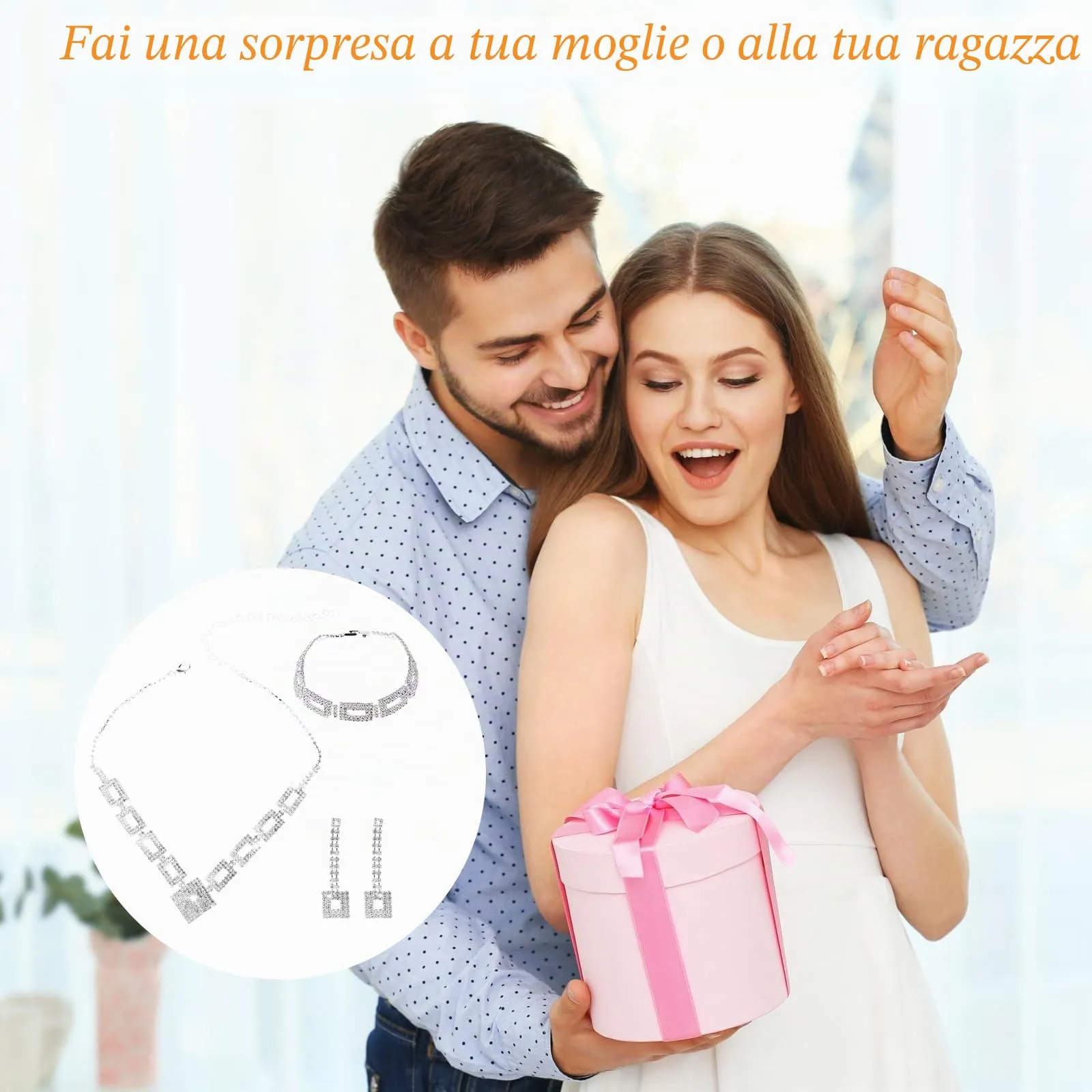 LjFrexia Set di Gioielli Nuziali, Collana con Strass Quadrati, Orecchini e Braccialetto, Gioielli Nuziali in Argento e Strass, Accessori per Costumi da sera, per Sposa, Damigella e Donne - immagine 7