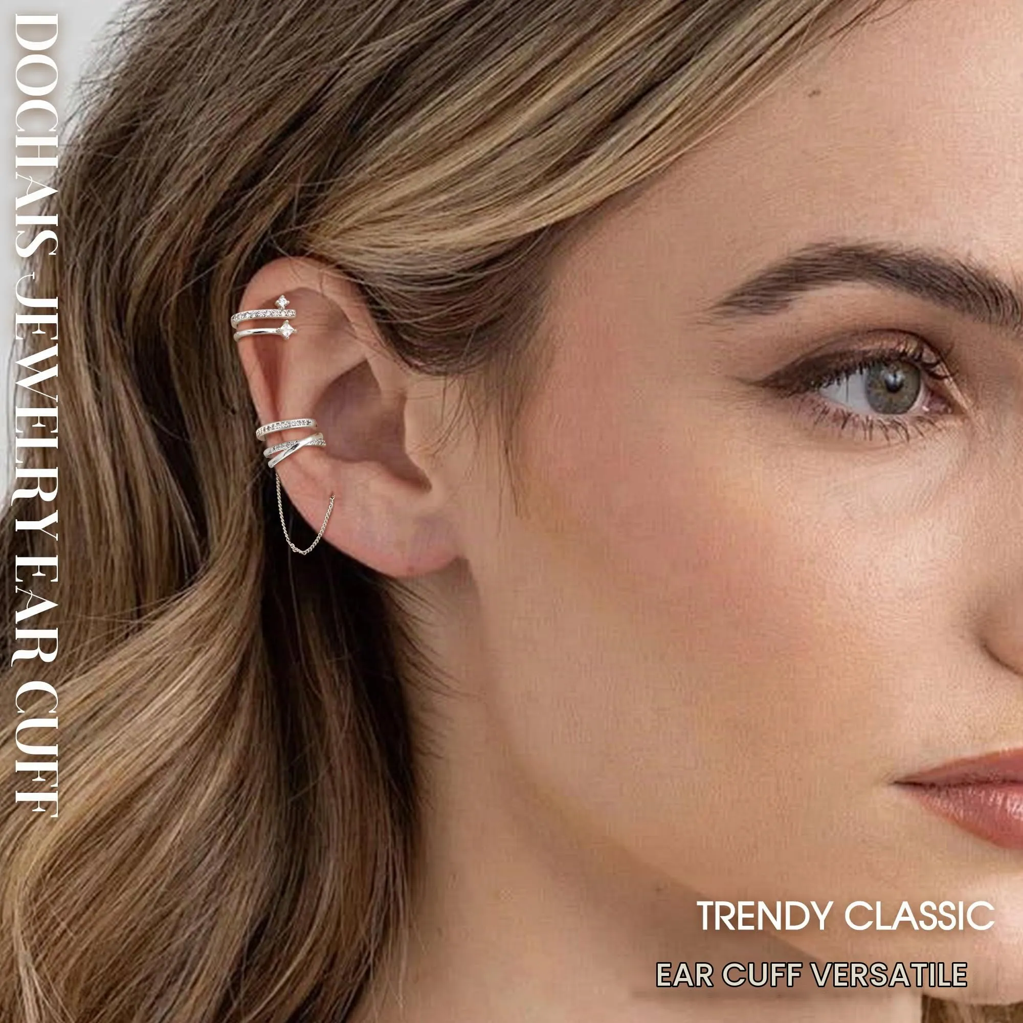 Dochais 5 Pezzi Ear Cuff Orecchini Donna Argento Color Orecchini Senza Buco Ear Cuff Orecchio Non Piercing Earcuffs Regolabile Ipoallergenici Orecchino Clip Donna per Cartilagine Finti per Ragazze - immagine 2