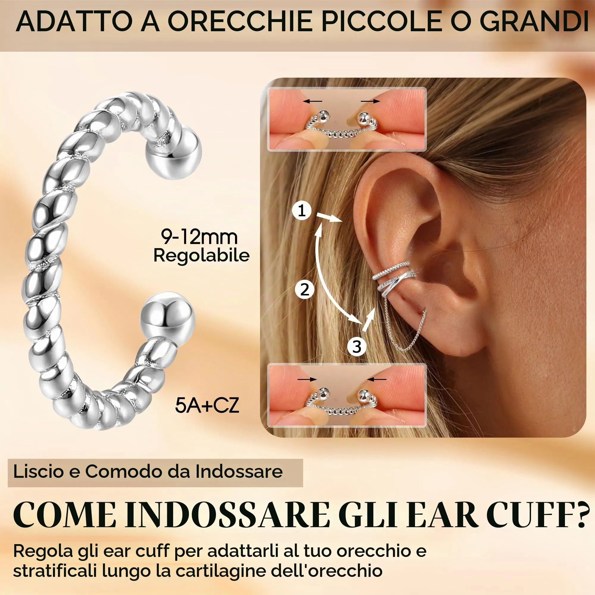 Dochais 5 Pezzi Ear Cuff Orecchini Donna Argento Color Orecchini Senza Buco Ear Cuff Orecchio Non Piercing Earcuffs Regolabile Ipoallergenici Orecchino Clip Donna per Cartilagine Finti per Ragazze - immagine 4
