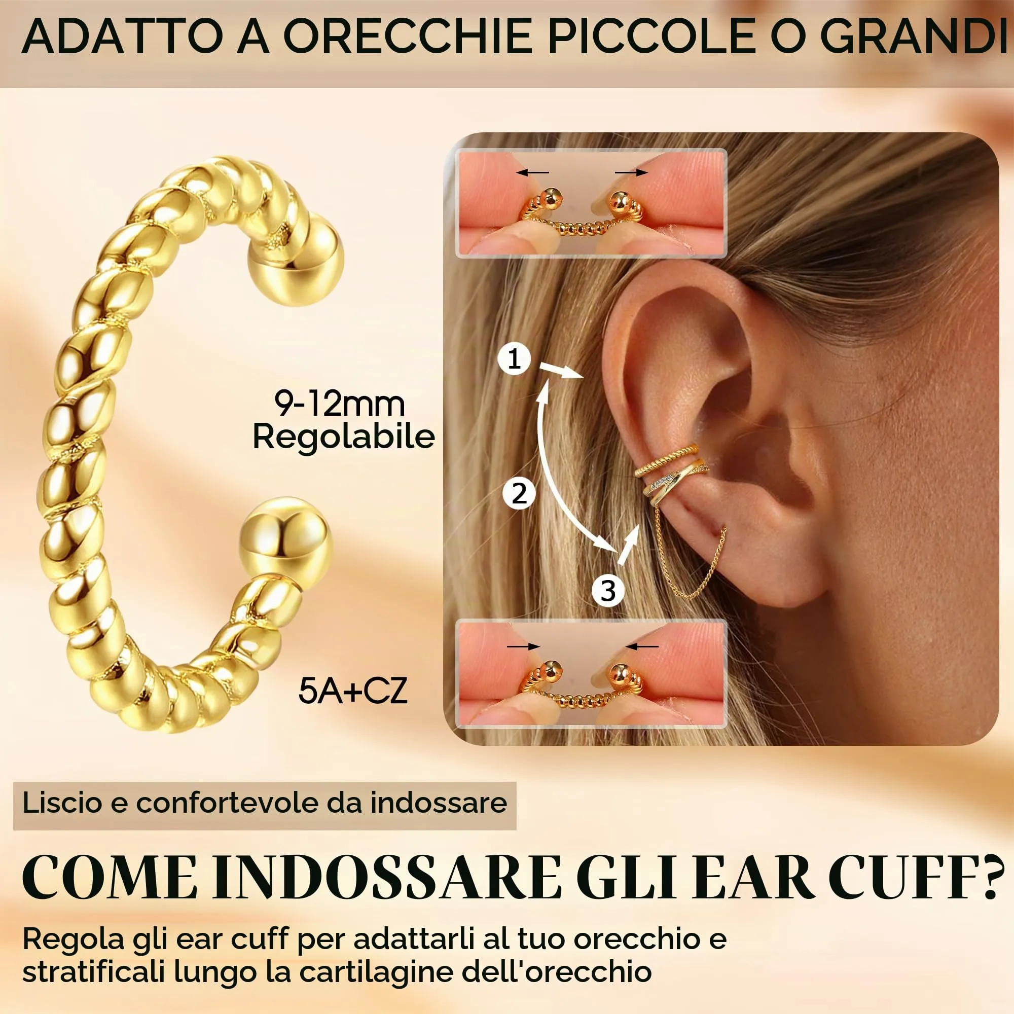 Dochais 5 Pezzi Ear Cuff Orecchini Donna Oro Color Orecchini Senza Buco Ear Cuff Orecchio Non Piercing Earcuffs Regolabile Ipoallergenici Orecchino Clip Donna per Cartilagine Finti per Ragazze - immagine 4