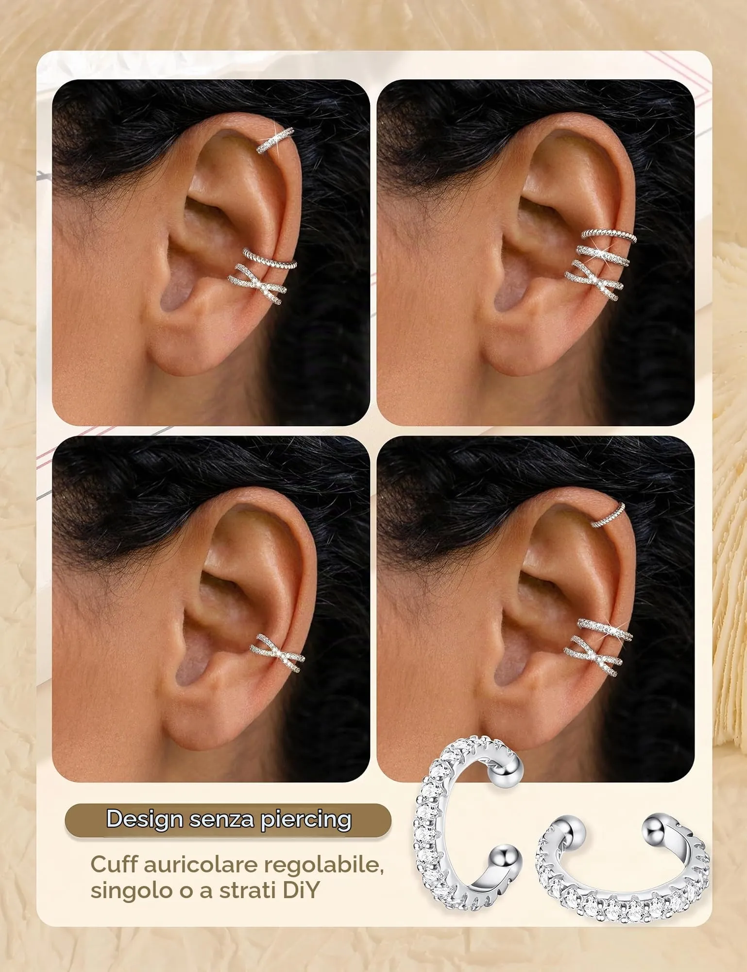 Chriscoco 3Pcs Ear Cuff Argento 925 Orecchini Senza Buco Donna Regolabile - immagine 3